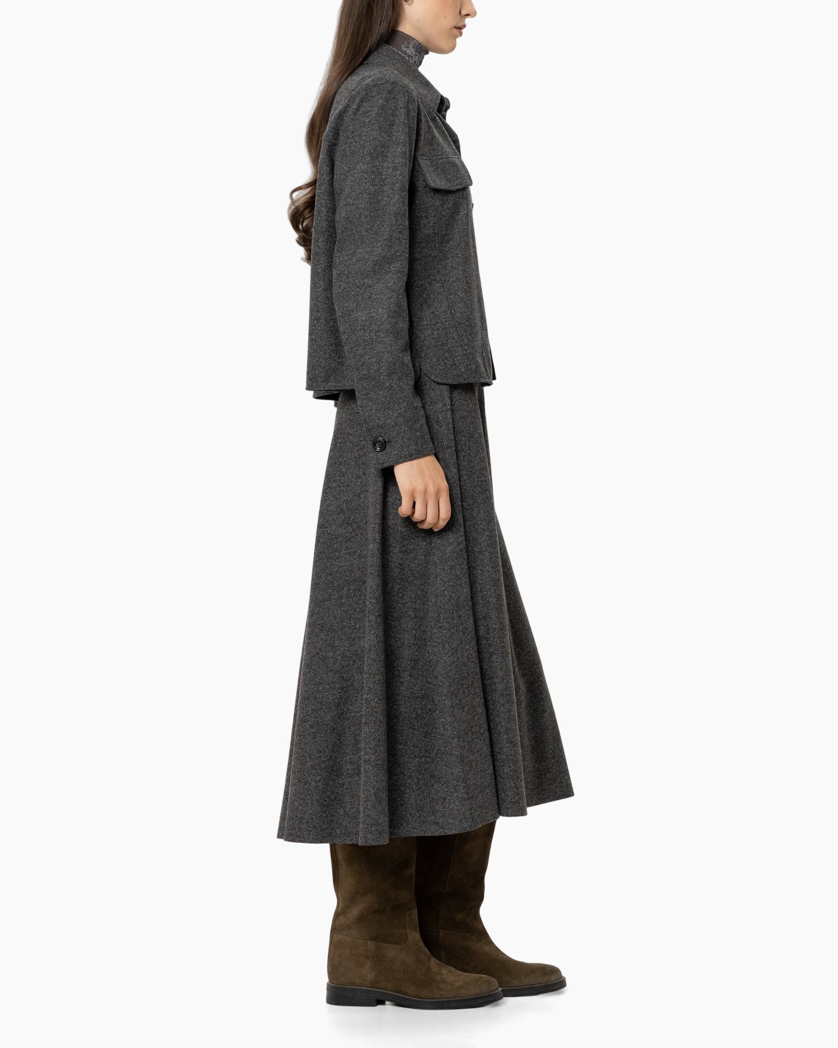 grey coat, double-breasted, long coat, wool blend, brown boots