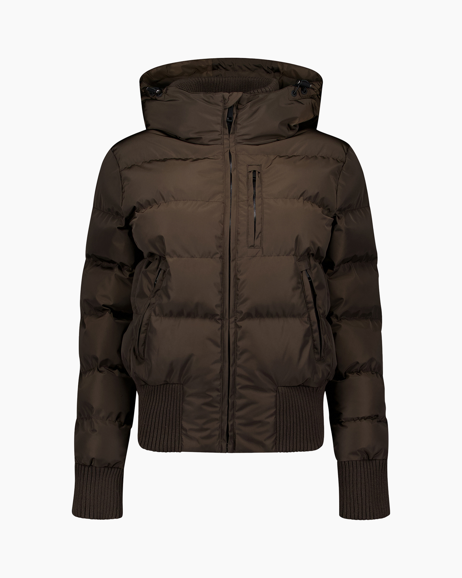 puffer jacket, down jacket, hooded, brown, zipper pocket