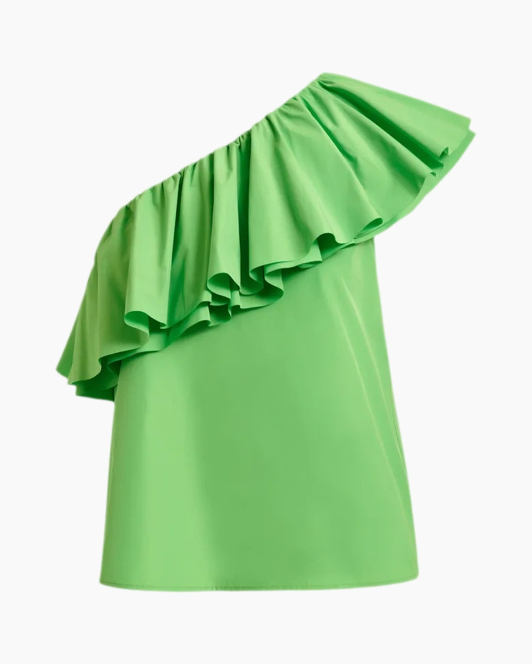 green, one-shoulder, ruffle, top, solid