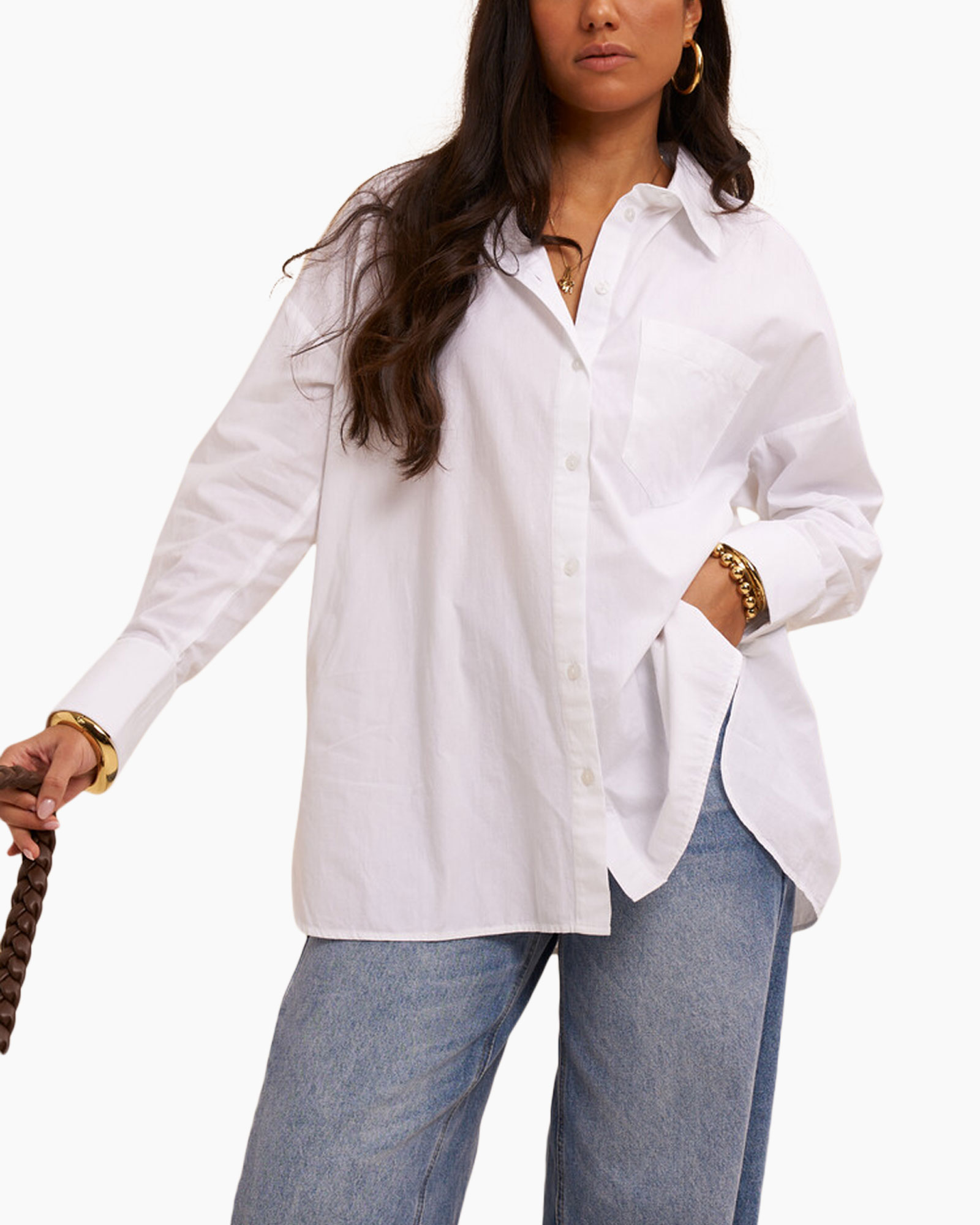 white shirt, button-down, long sleeve, pocket shirt, casual top