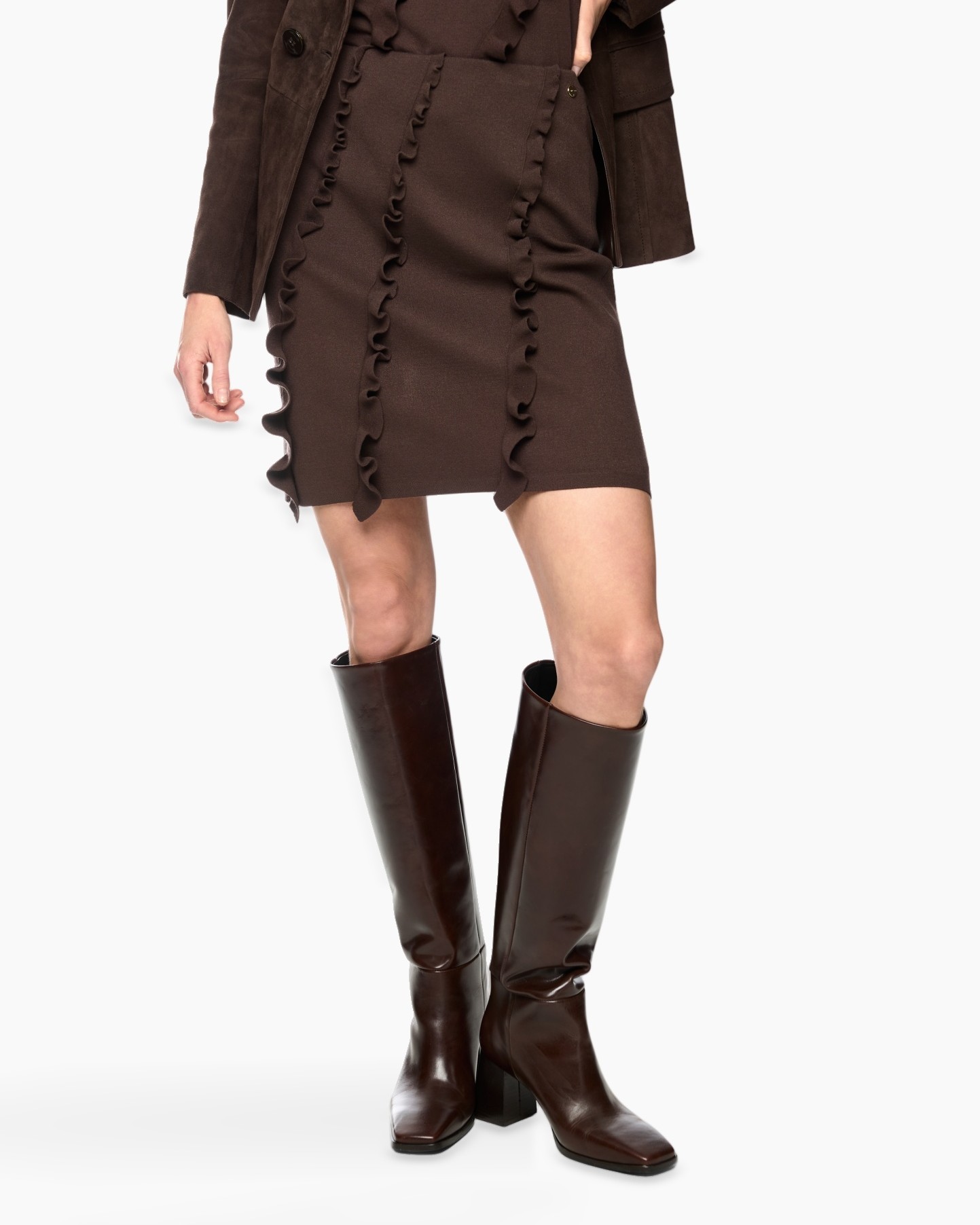 skirt, ruffle, mini, brown, knee-high boots