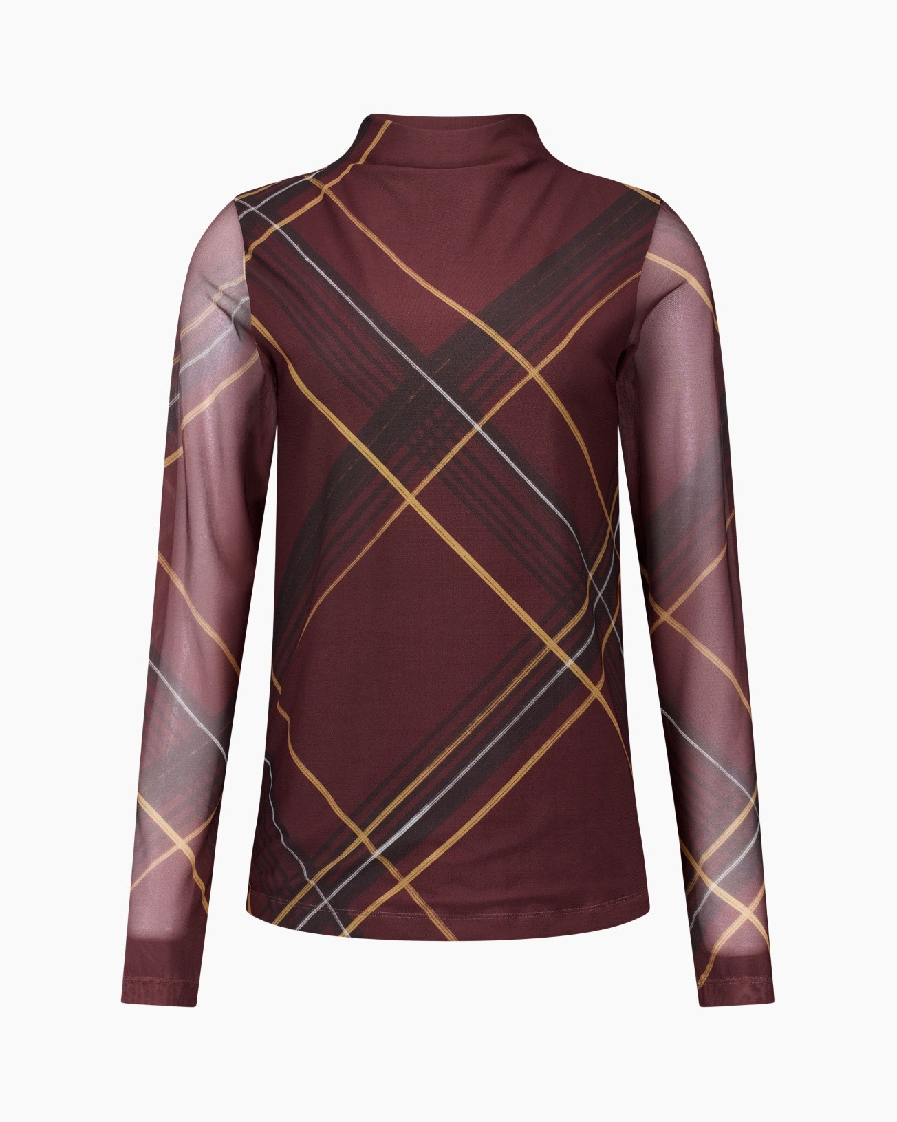 turtleneck, long sleeve, plaid, maroon, semi-sheer sleeves