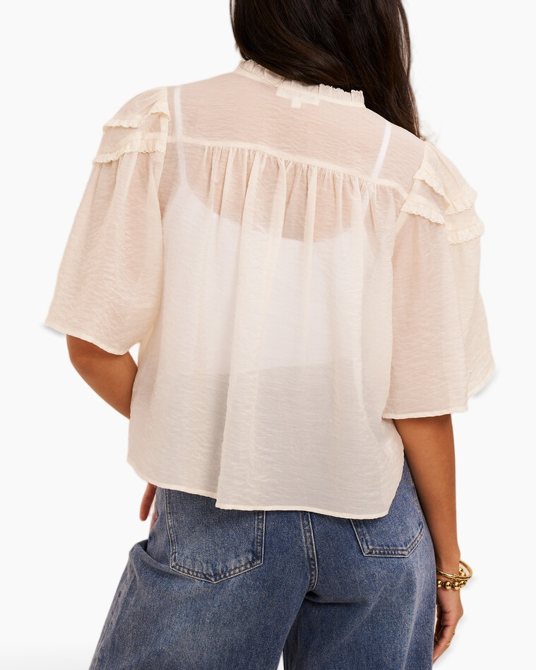 blouse, see-through, ruffles, short-sleeve, button-down