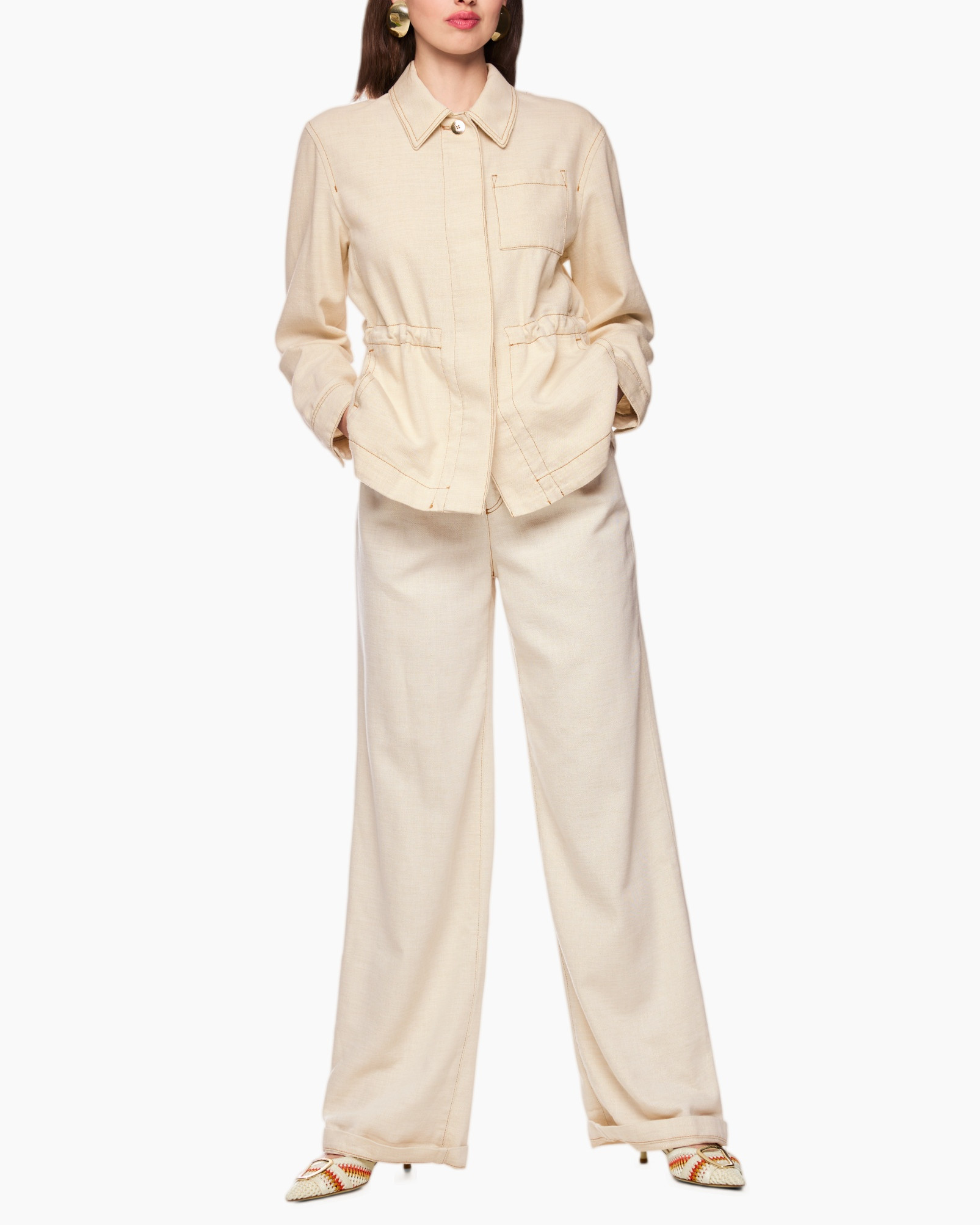 beige, jumpsuit, pantsuit, long pants, collar shirt
