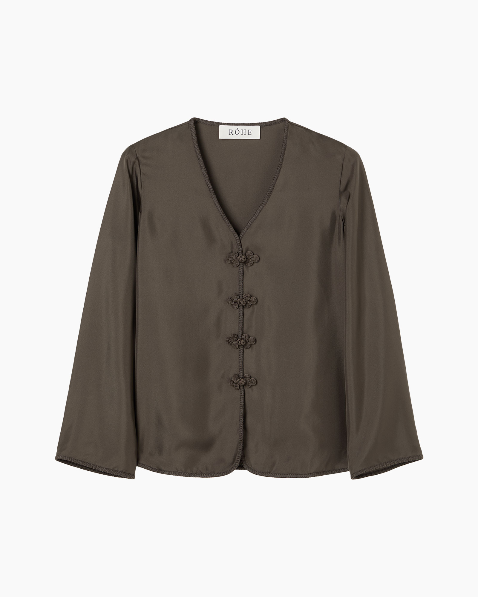 blouse, long sleeves, buttoned, olive green, v-neck