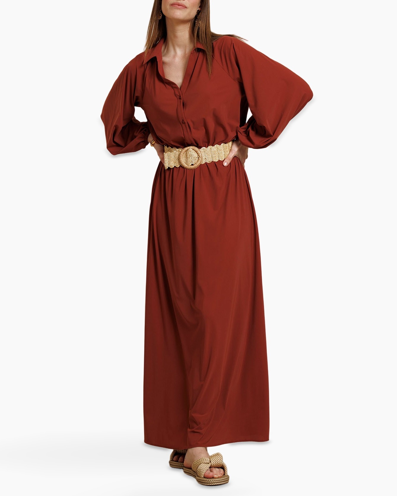 maxi dress, rust color, belt, long sleeve, platform sandals