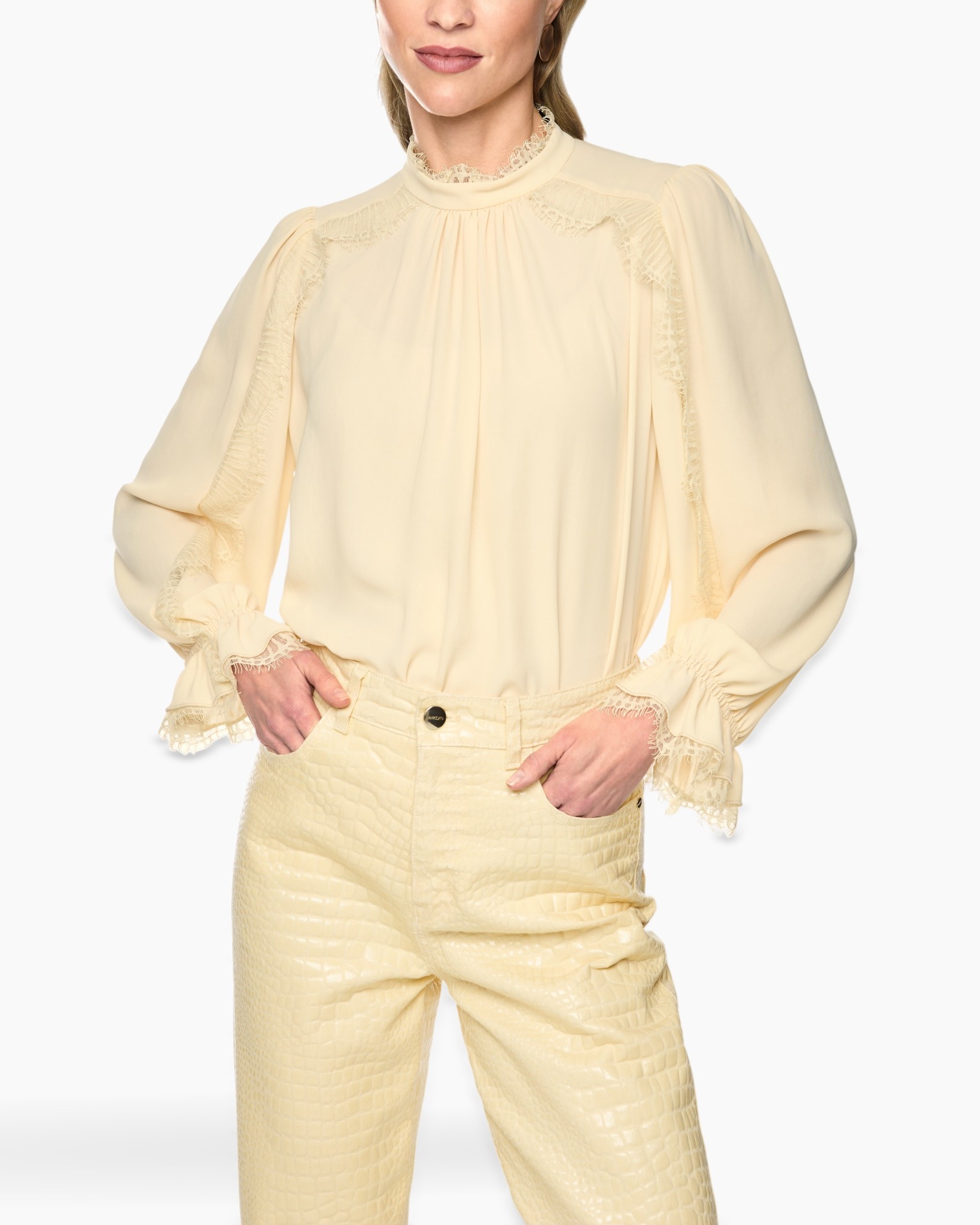 blouse, lace trim, high neck, puff sleeve, crepe fabric