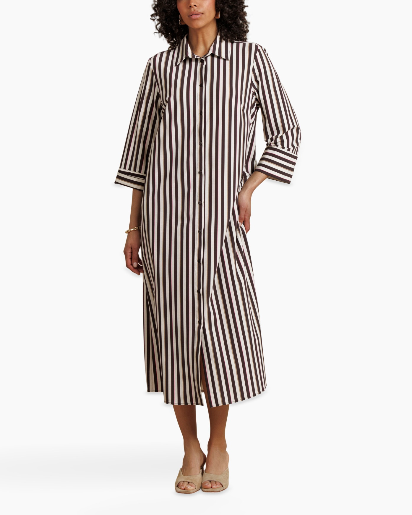 striped dress, button-down, long dress, slit detail, midi length