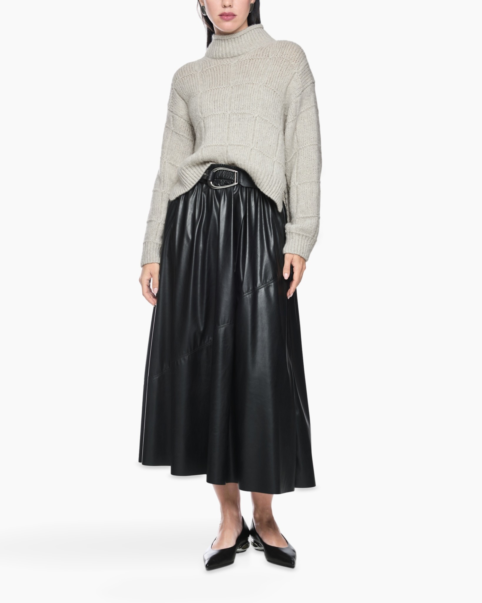 turtleneck, knit sweater, beige, layered skirt, long skirt