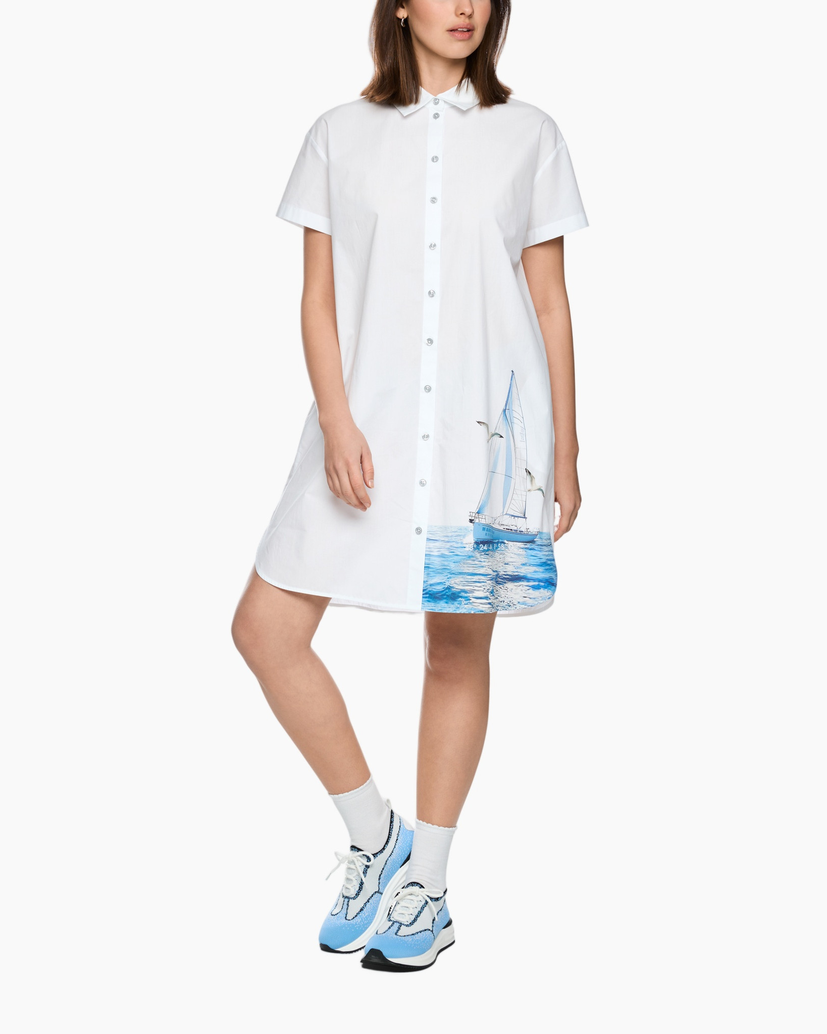 white dress, short sleeves, button-down, sailboat print, casual dress
