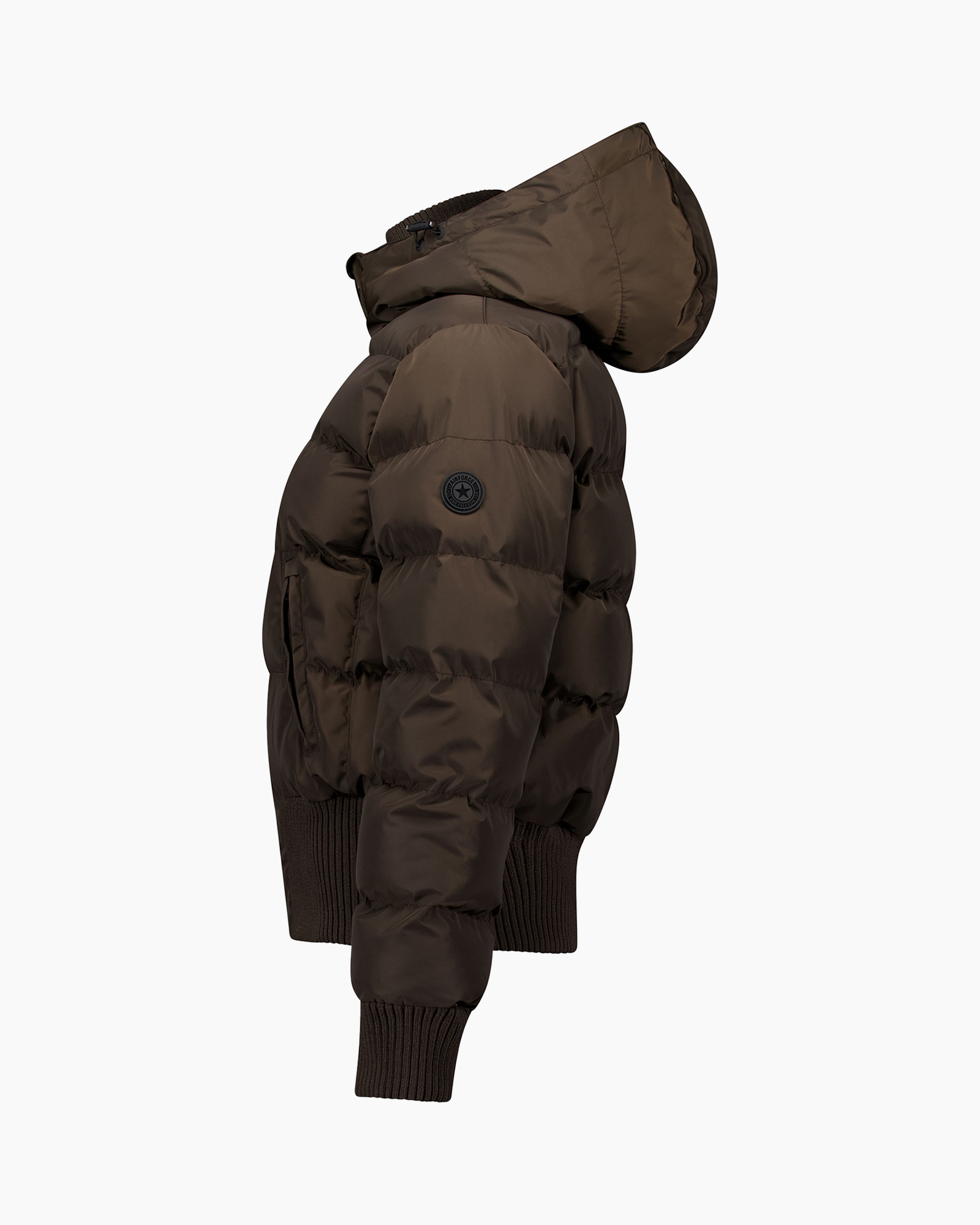 down jacket, puffer, hooded, brown, ribbed cuffs