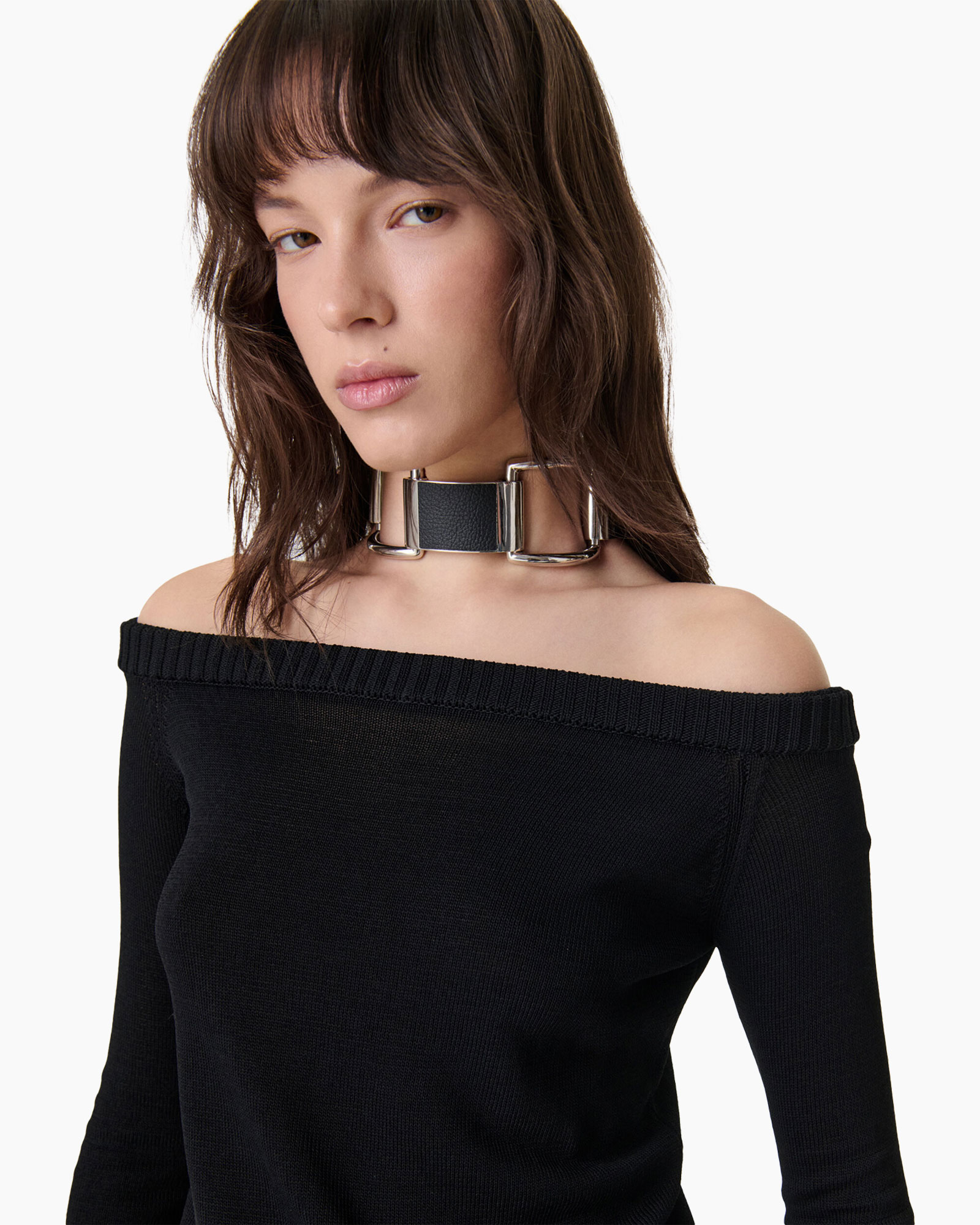 off-shoulder, black top, ribbed knit, choker, fashion accessory