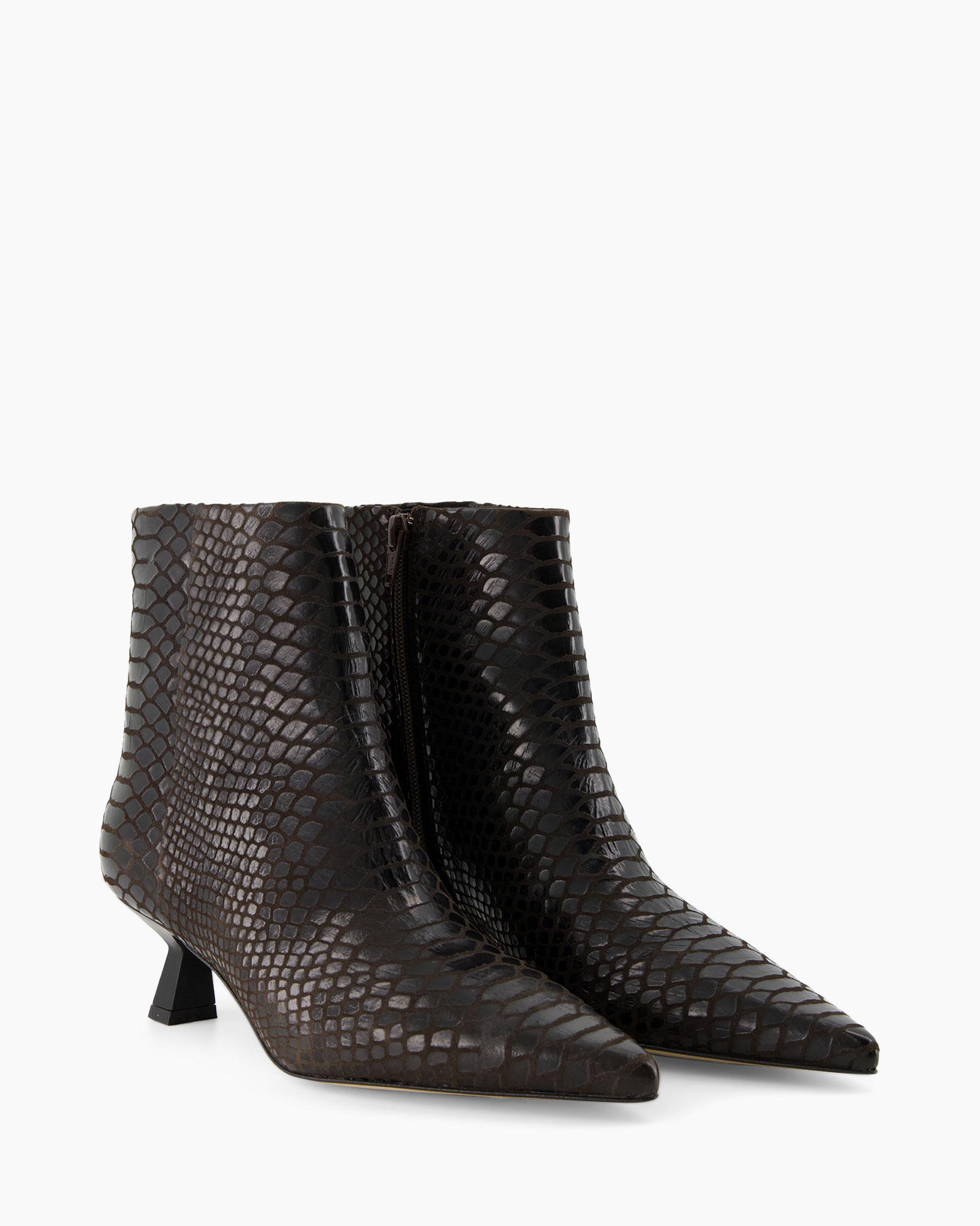 ankle boots, snakeskin, brown, zipper, stiletto heel