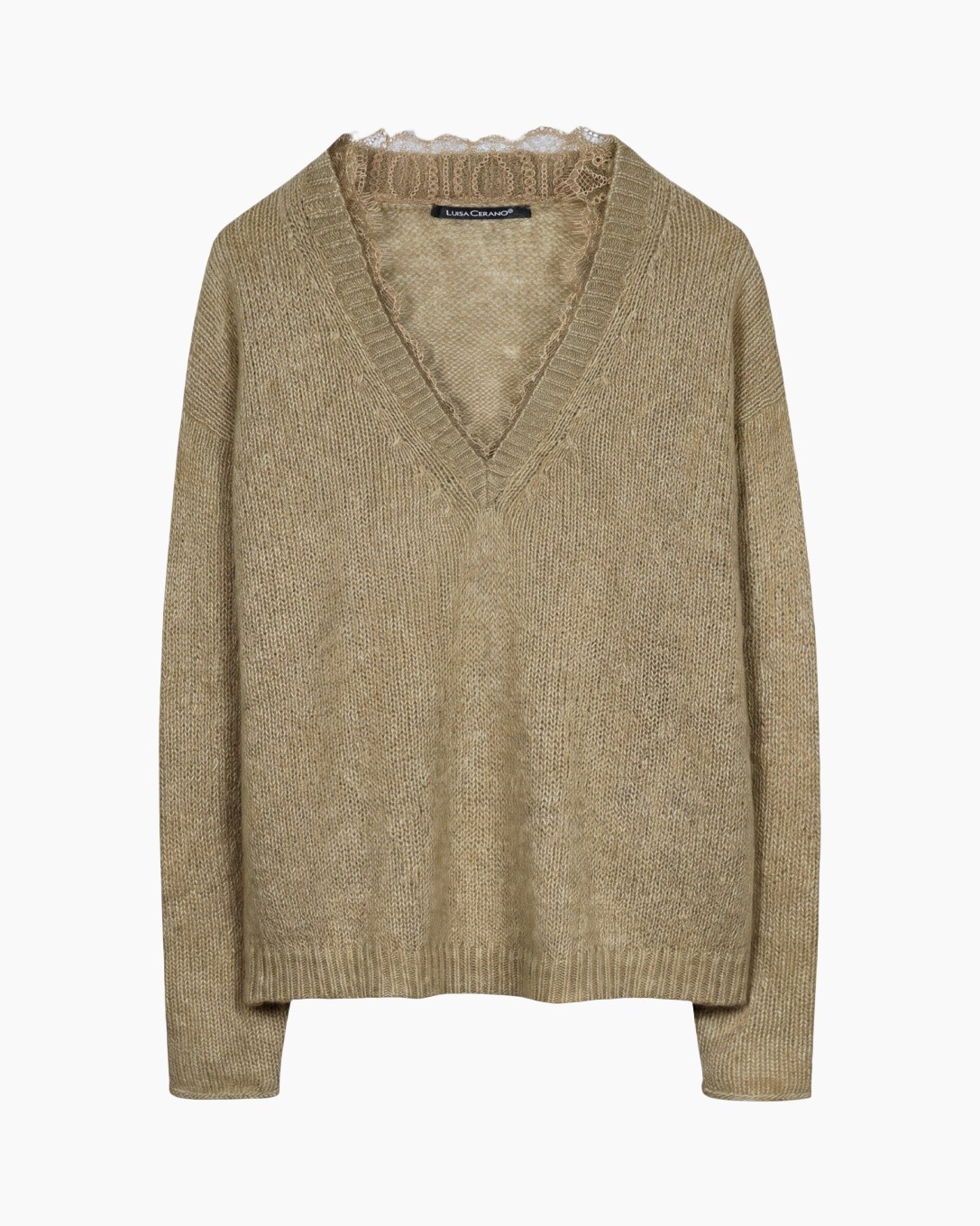 sweater, v-neck, knit, beige, lace-trim