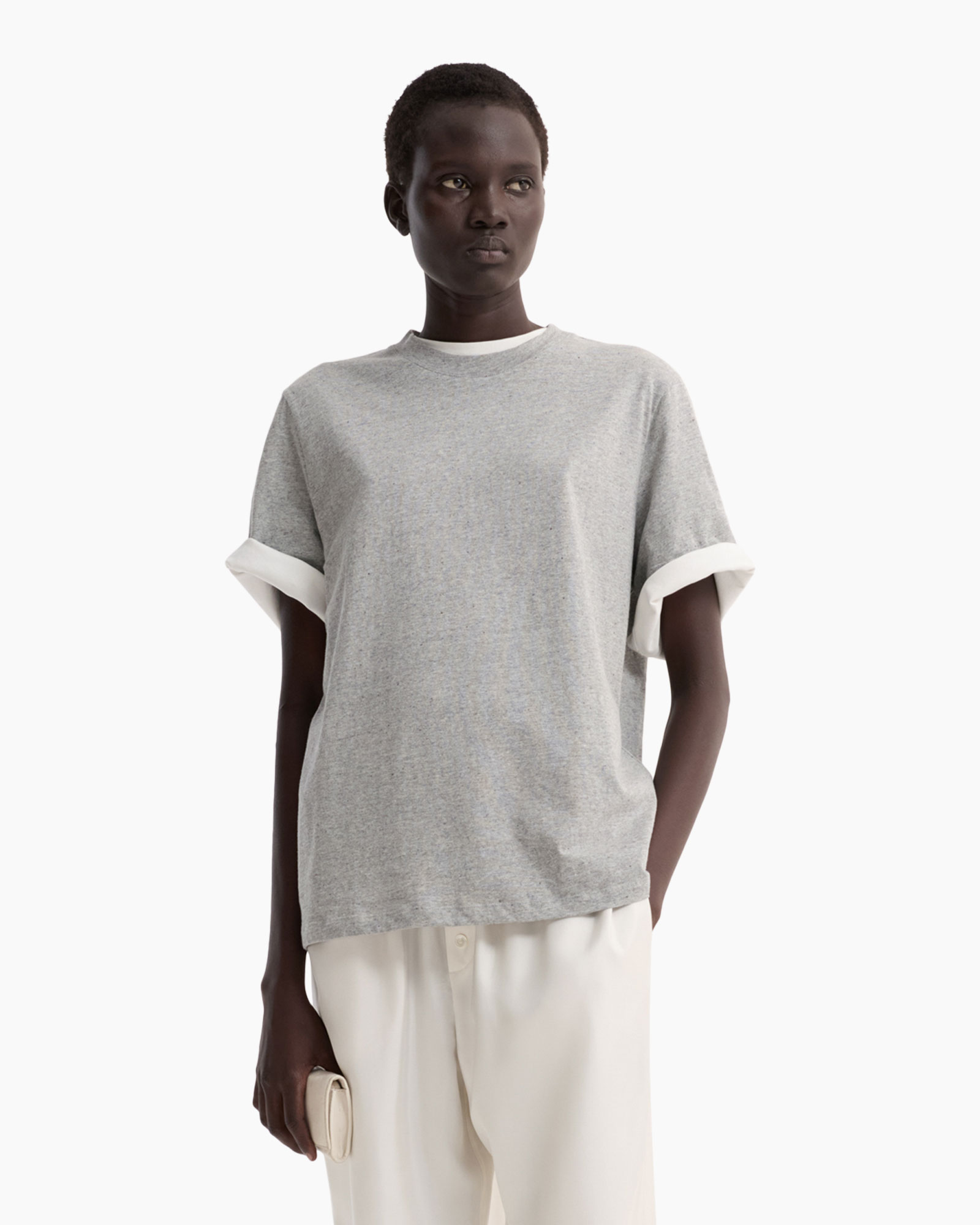 t-shirt, gray, short-sleeve, rolled cuffs, casual