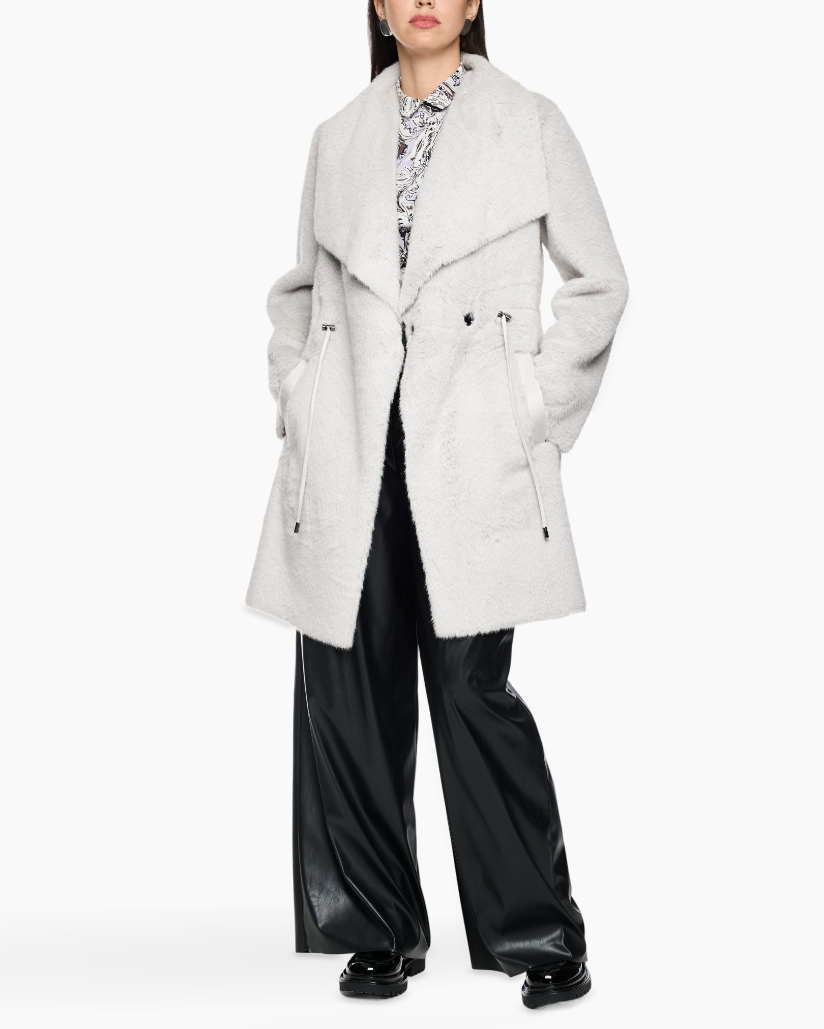 coat, shearling, white, long, zipper pockets
