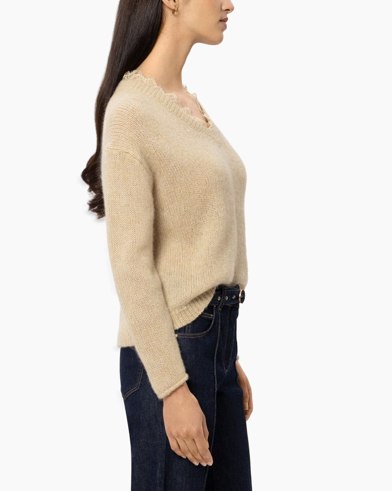 beige sweater, knit sweater, v-neck scalloped, long sleeve, casual top