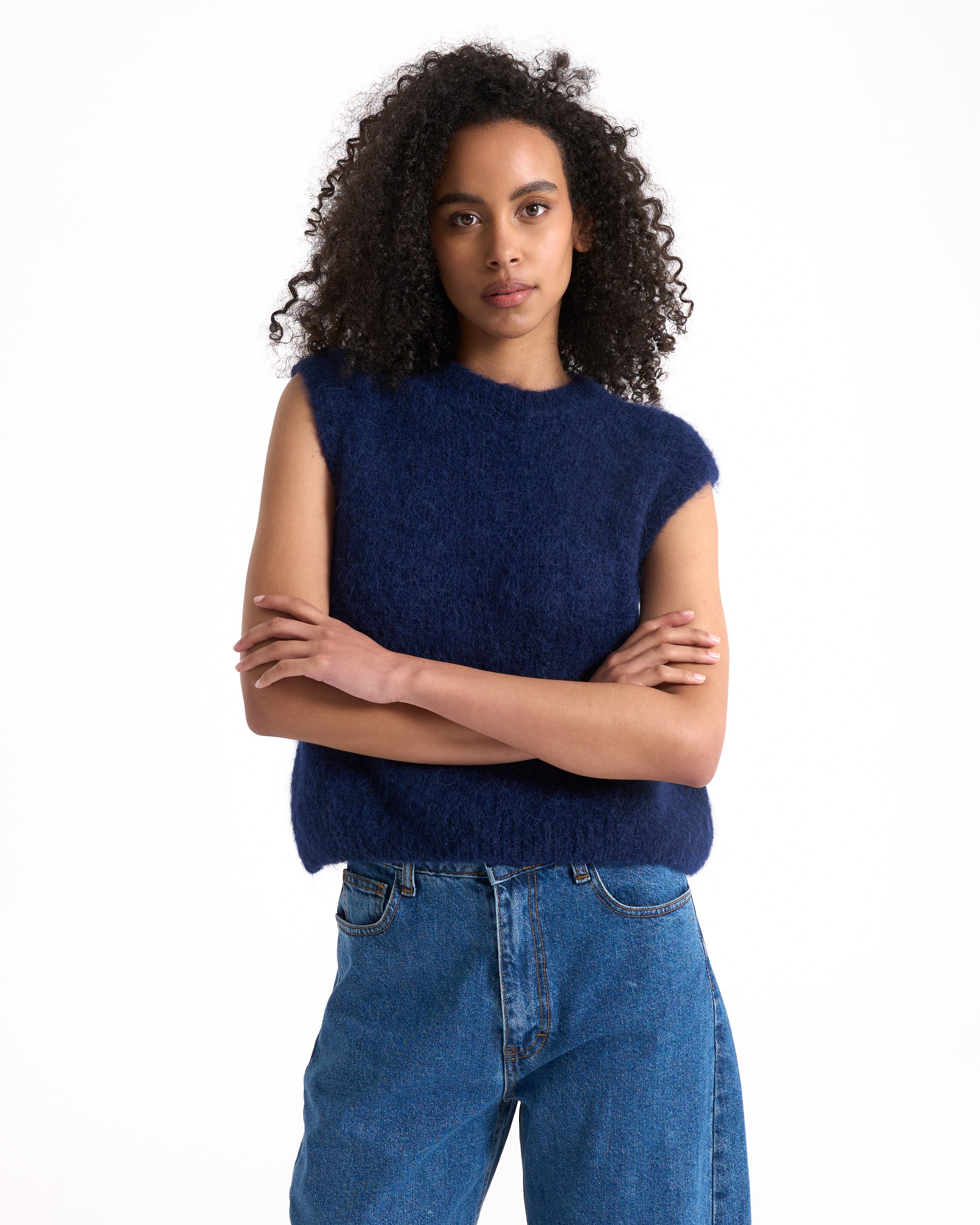 sleeveless top, knit sweater, navy blue, women's top, casual fit