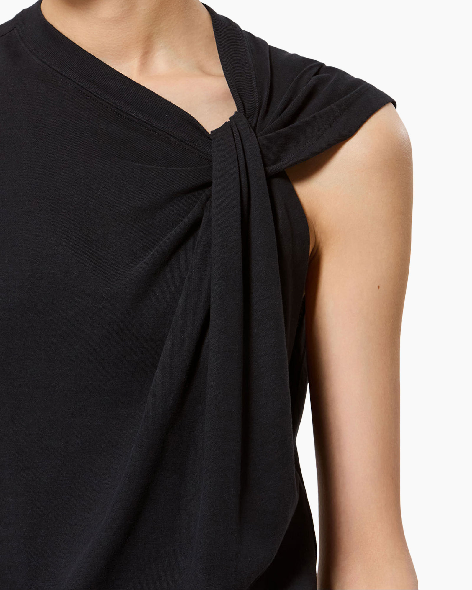 black top, one-shoulder, knotted detail, sleeveless, knit fabric
