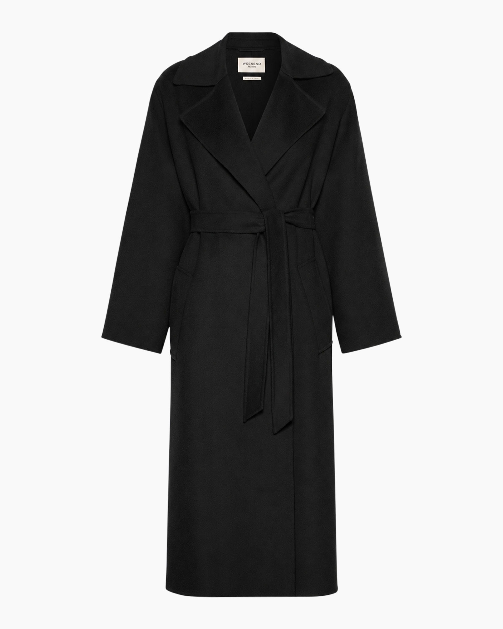 coat, trench, long, belt, black