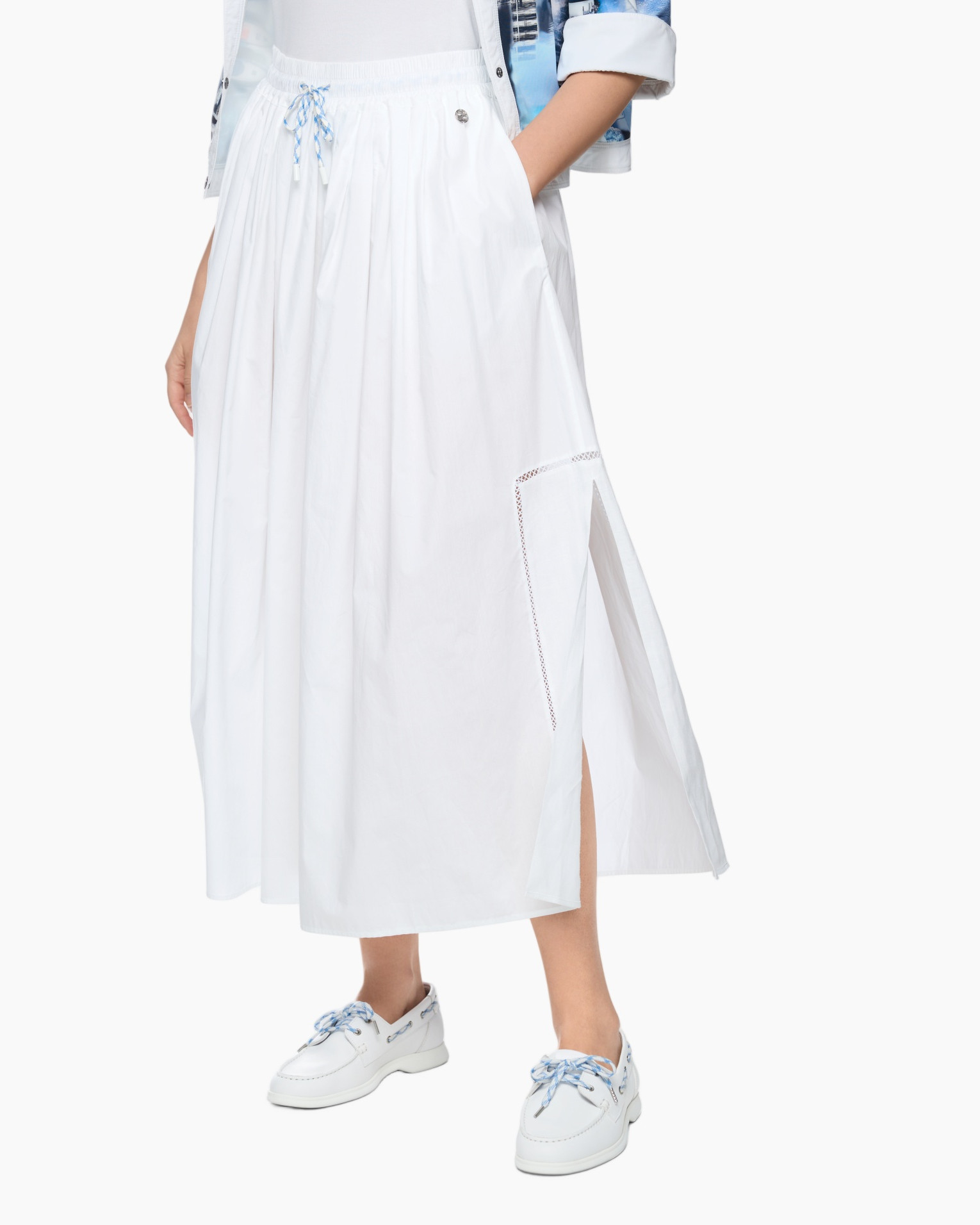 white skirt, maxi skirt, slit skirt, drawstring waist, pocket detail