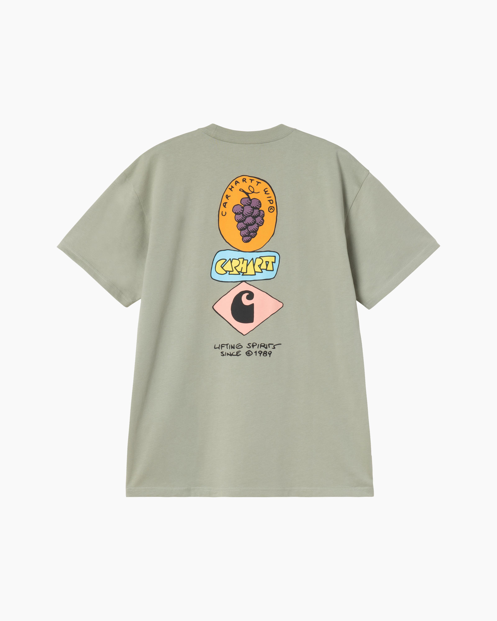 t-shirt, graphic, short sleeve, olive green, fruit mural