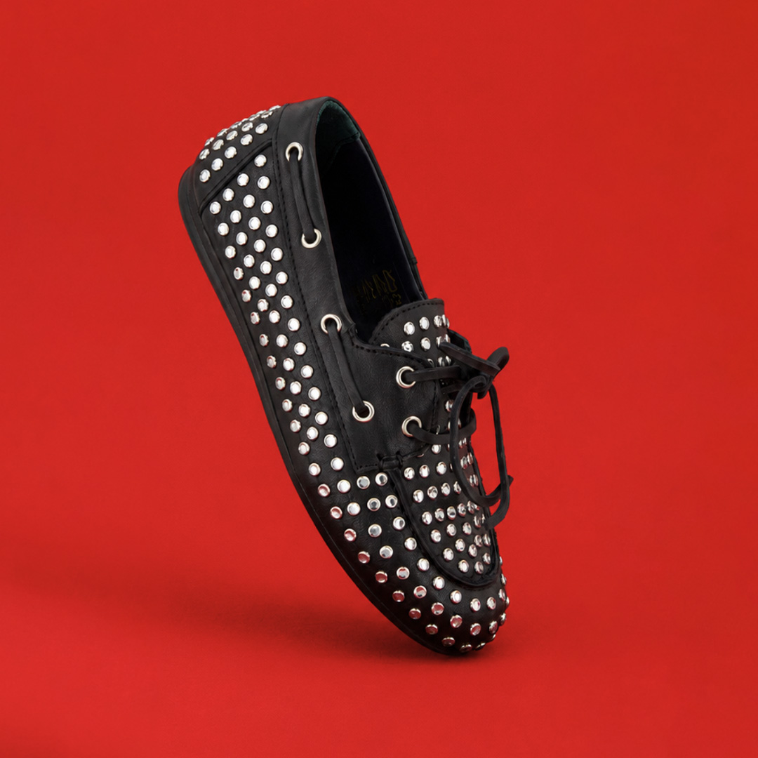 loafer, drill studs, embellished, black, leather