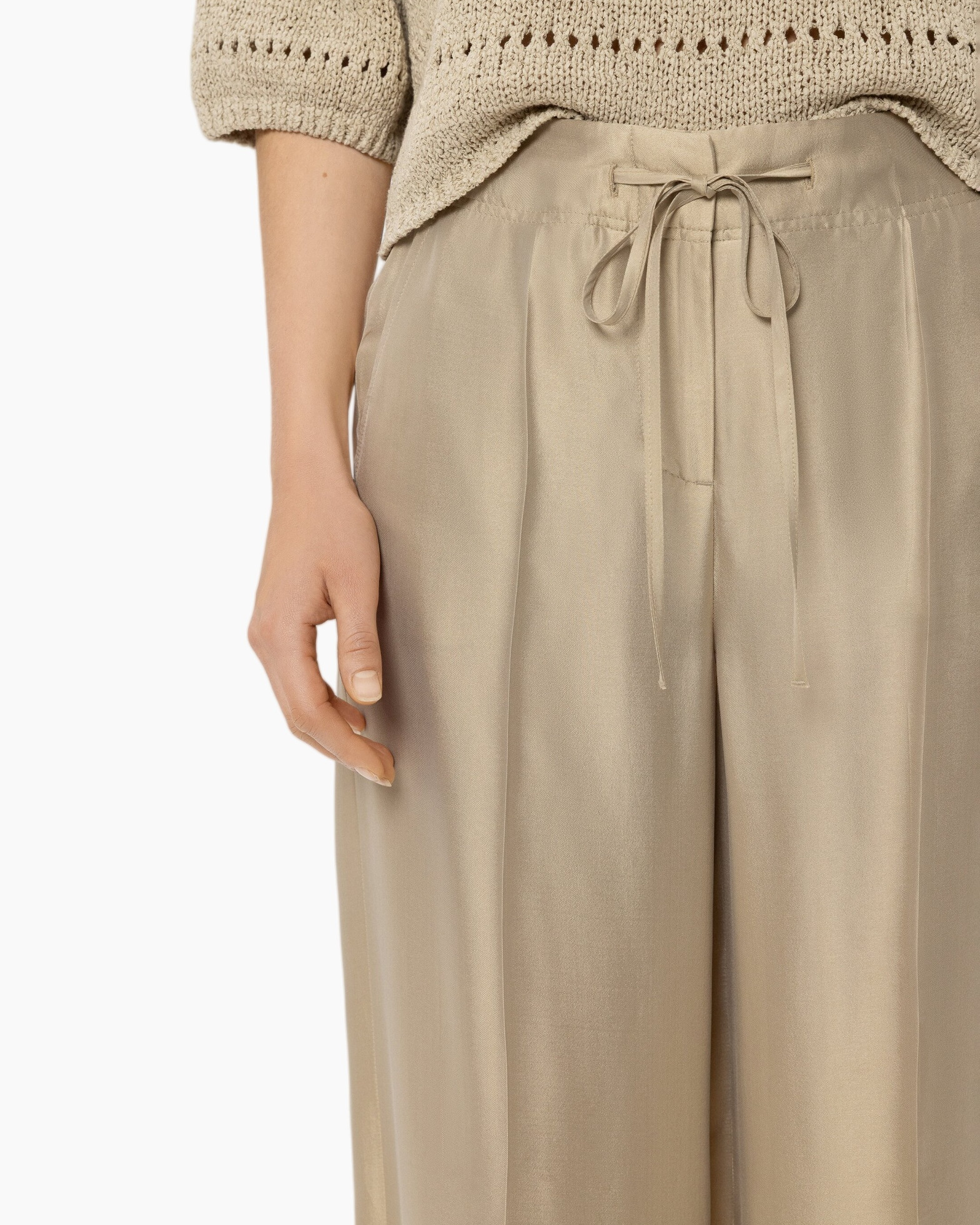 pants, beige, drawstring, high waist, crepe