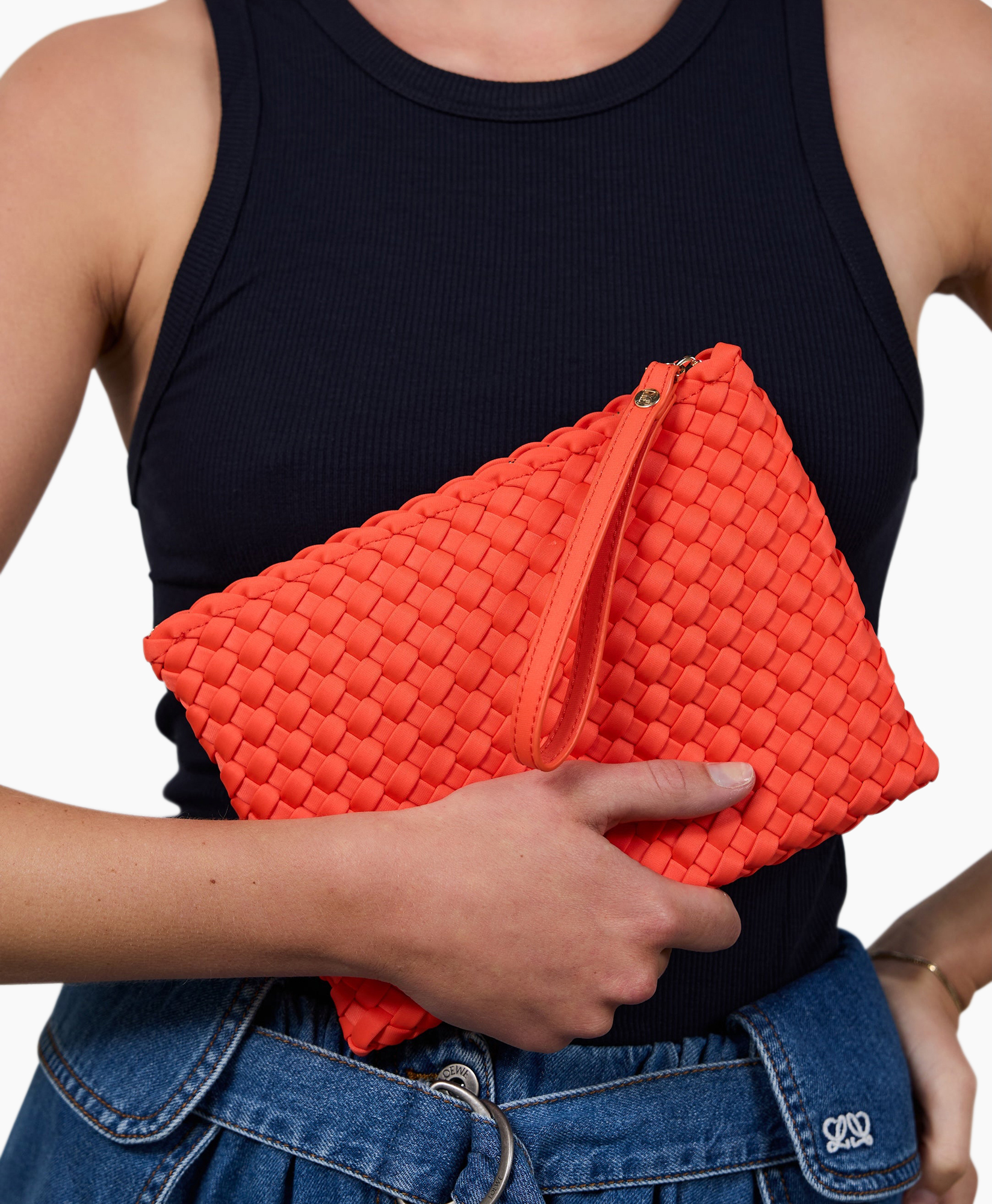 clutch, wallet, woven, orange, zipper