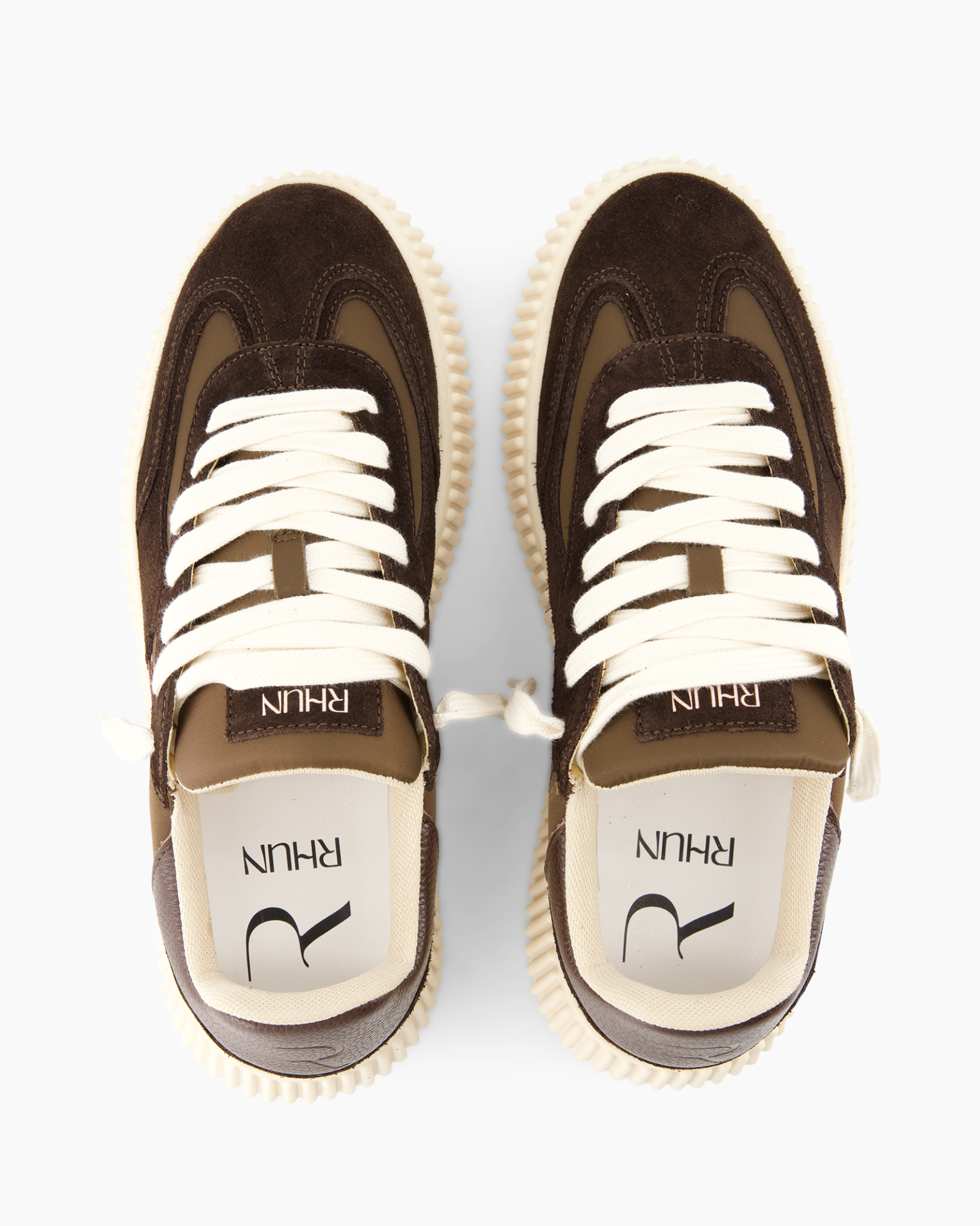 sneakers, brown, white laces, suede, pair