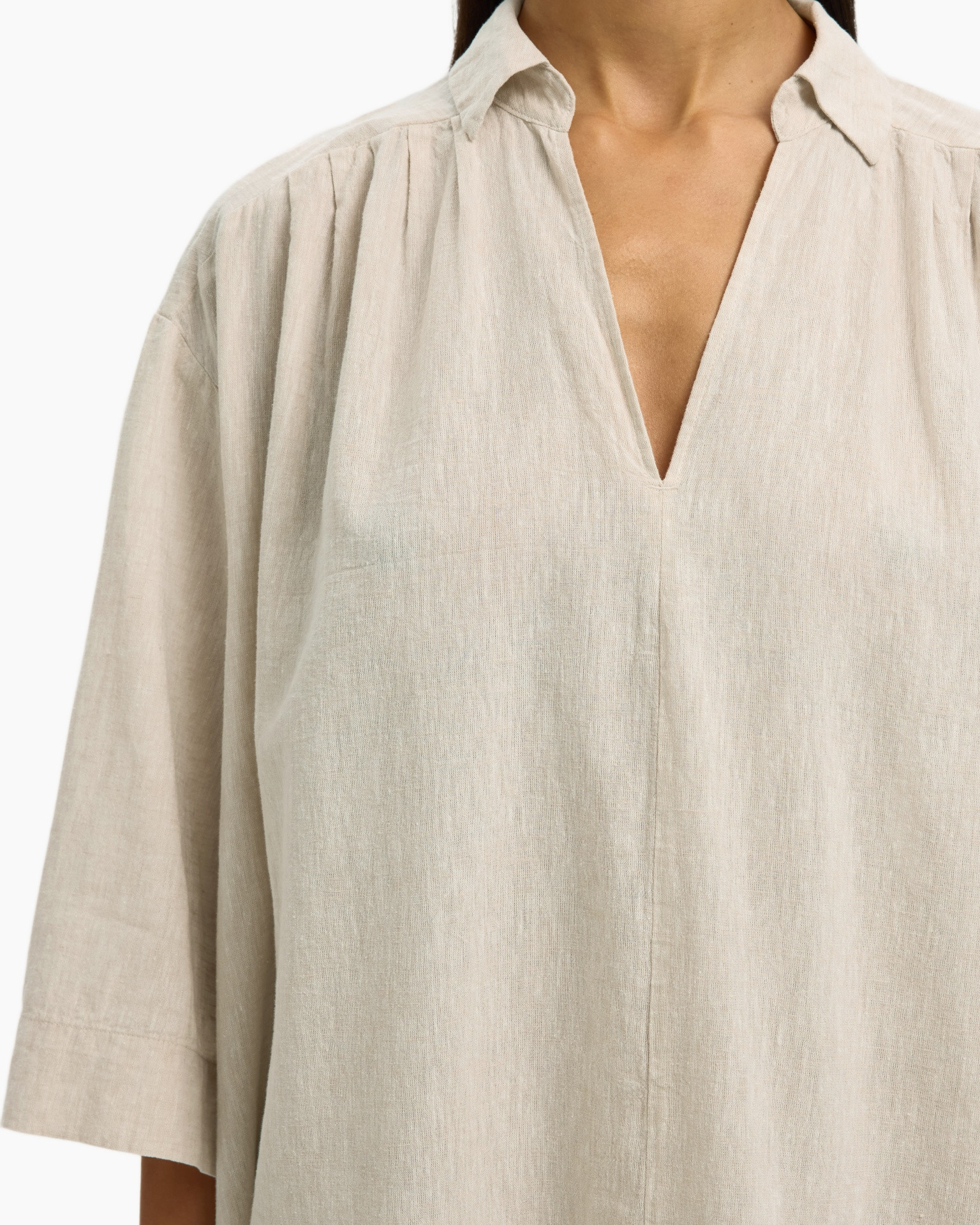 linen, beige, blouse, pleated, v-neck