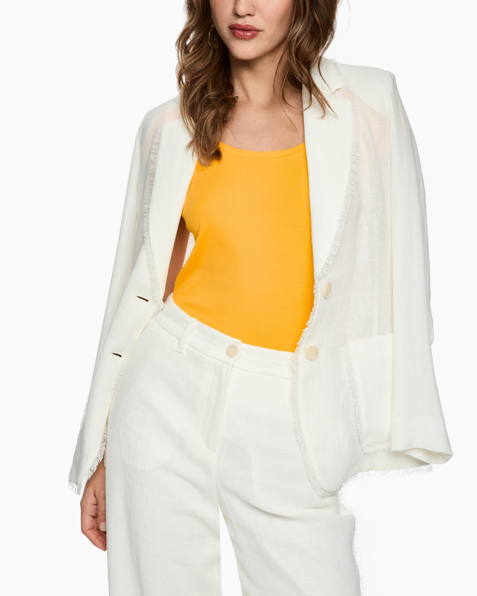 blazer, suit jacket, white, woven, frayed trim