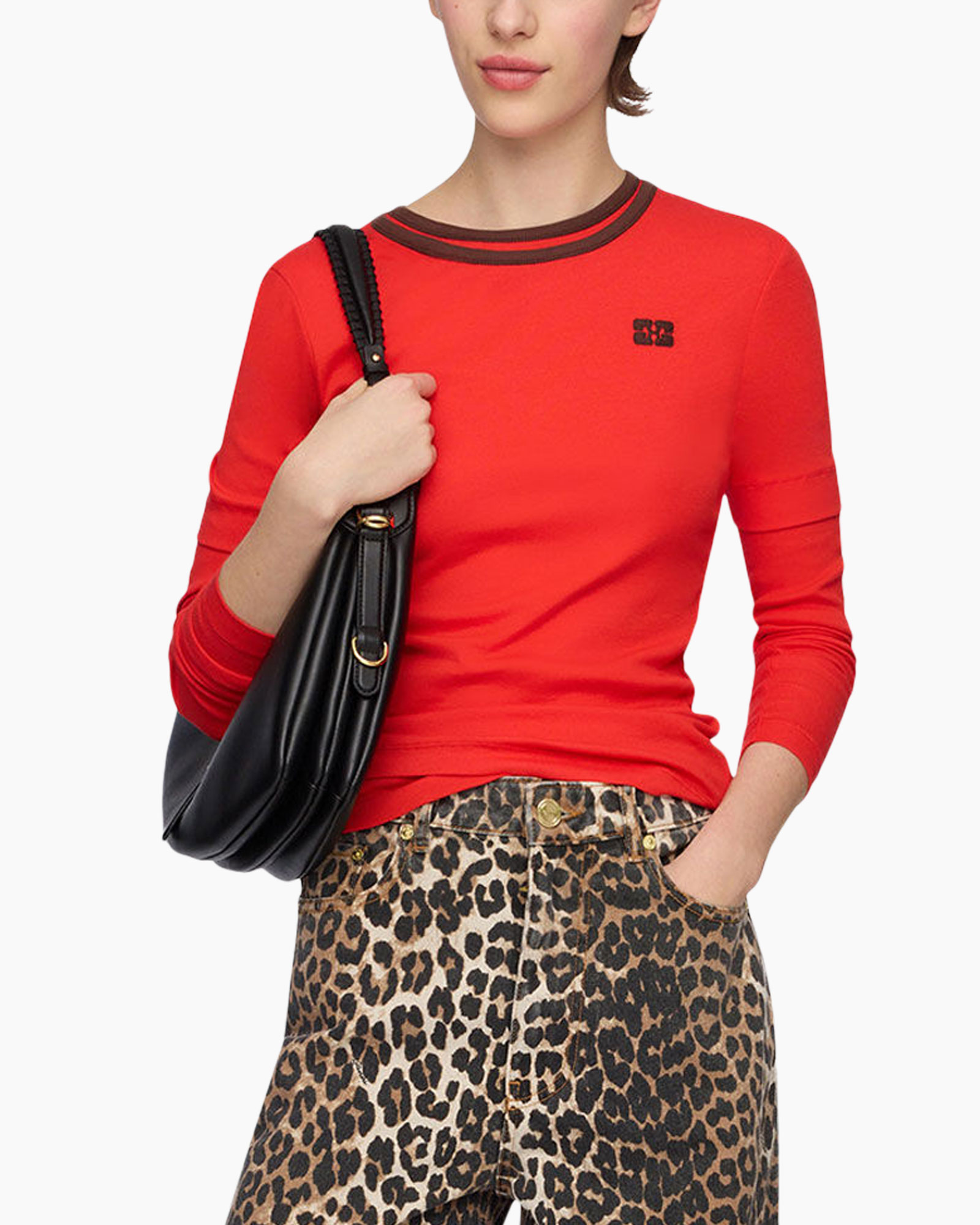 top, long Sleeve, red, leather bag, leopard pants