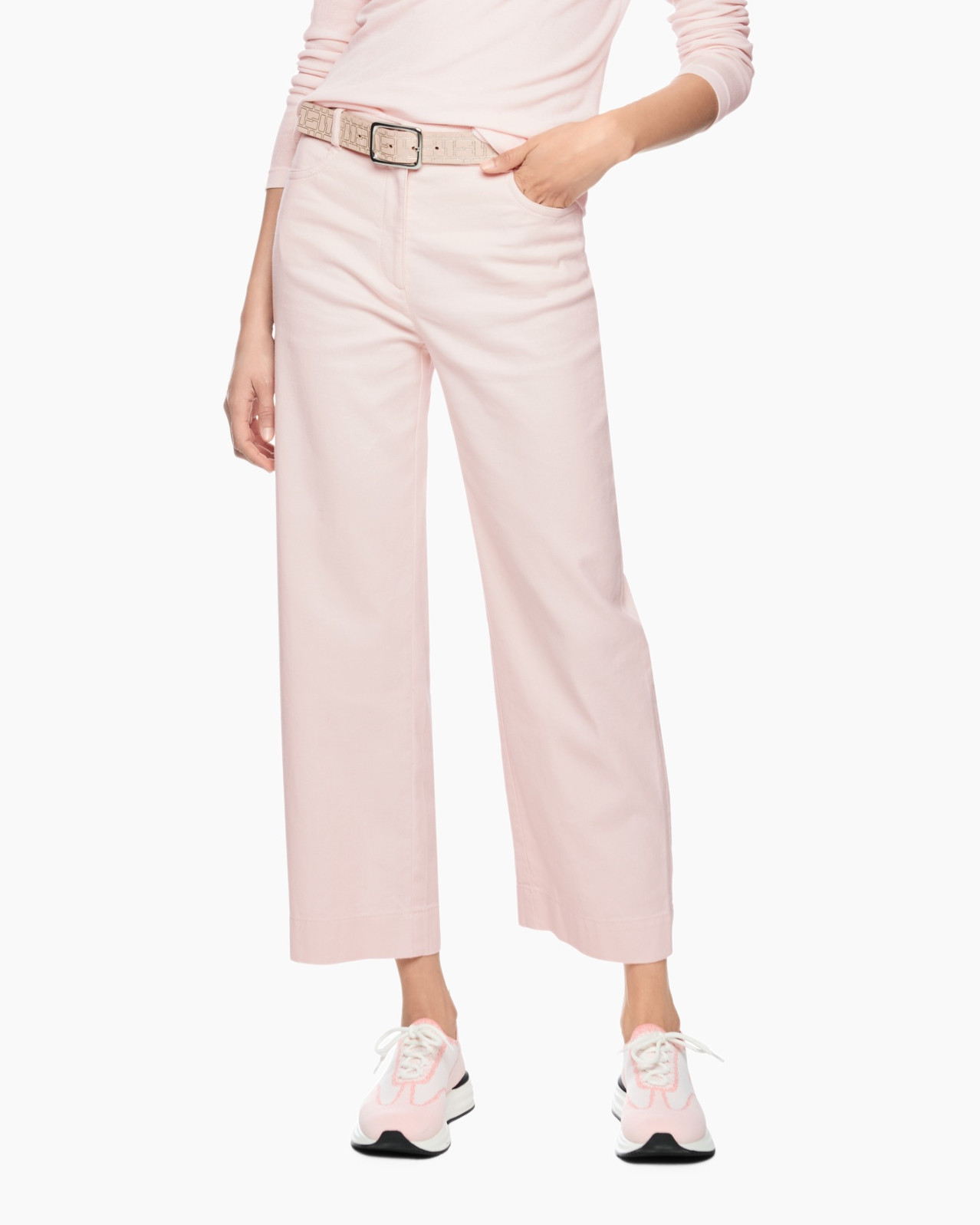 pink pants, wide leg, mid rise, belt, sneaker style