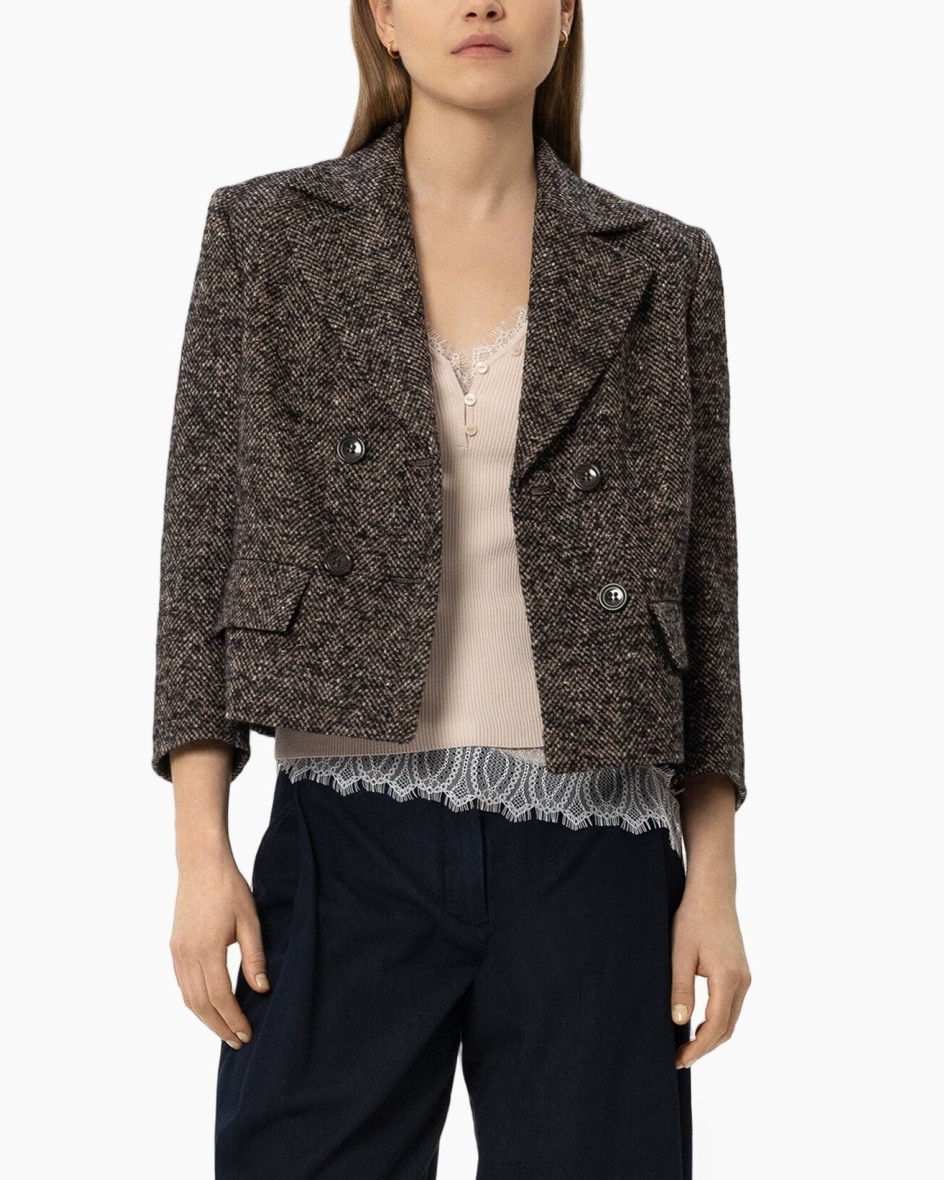 blazer, tweed, double-breasted, linen blend, beige top