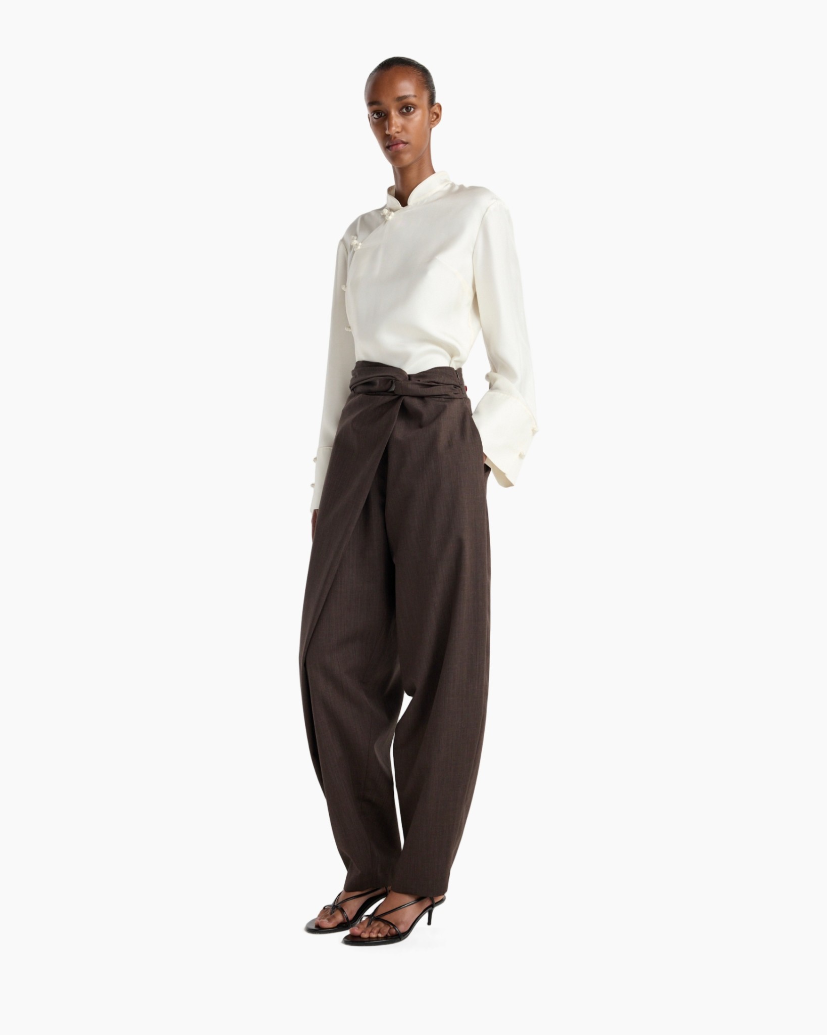 blouse,  cream shirt,  long sleeve,  wrap pants,  brown trousers