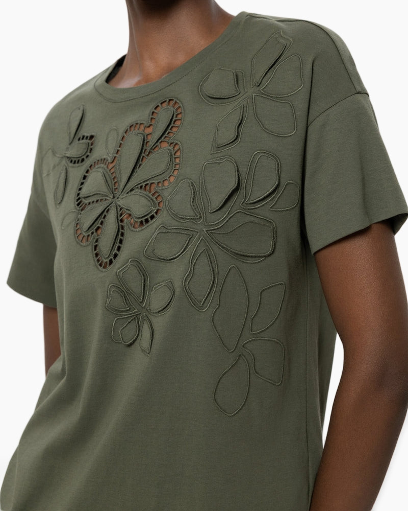 t-shirt, olive, embroidery, floral, short-sleeve