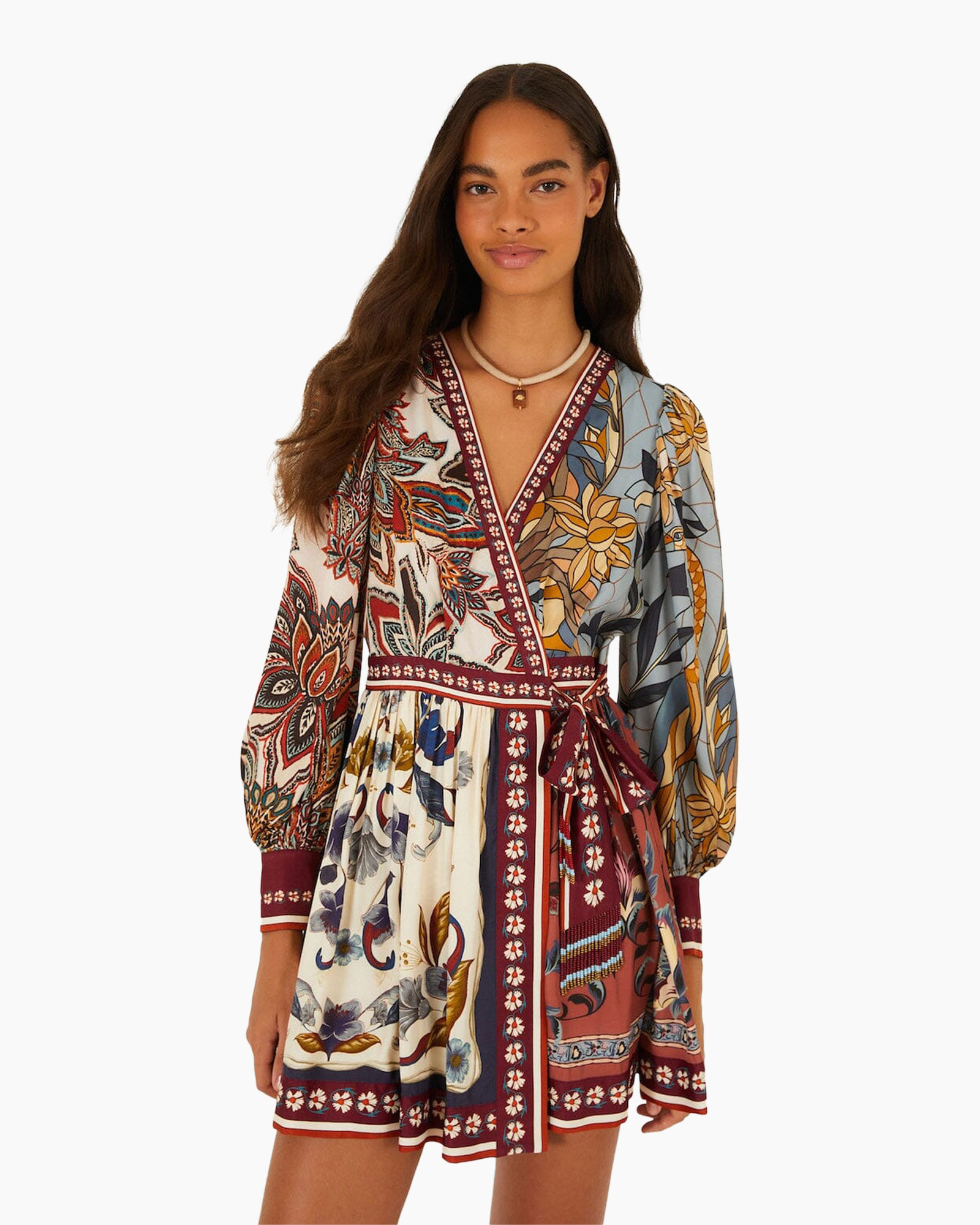 wrap-dress, floral-print, long-sleeve, v-neck, boho-chic
