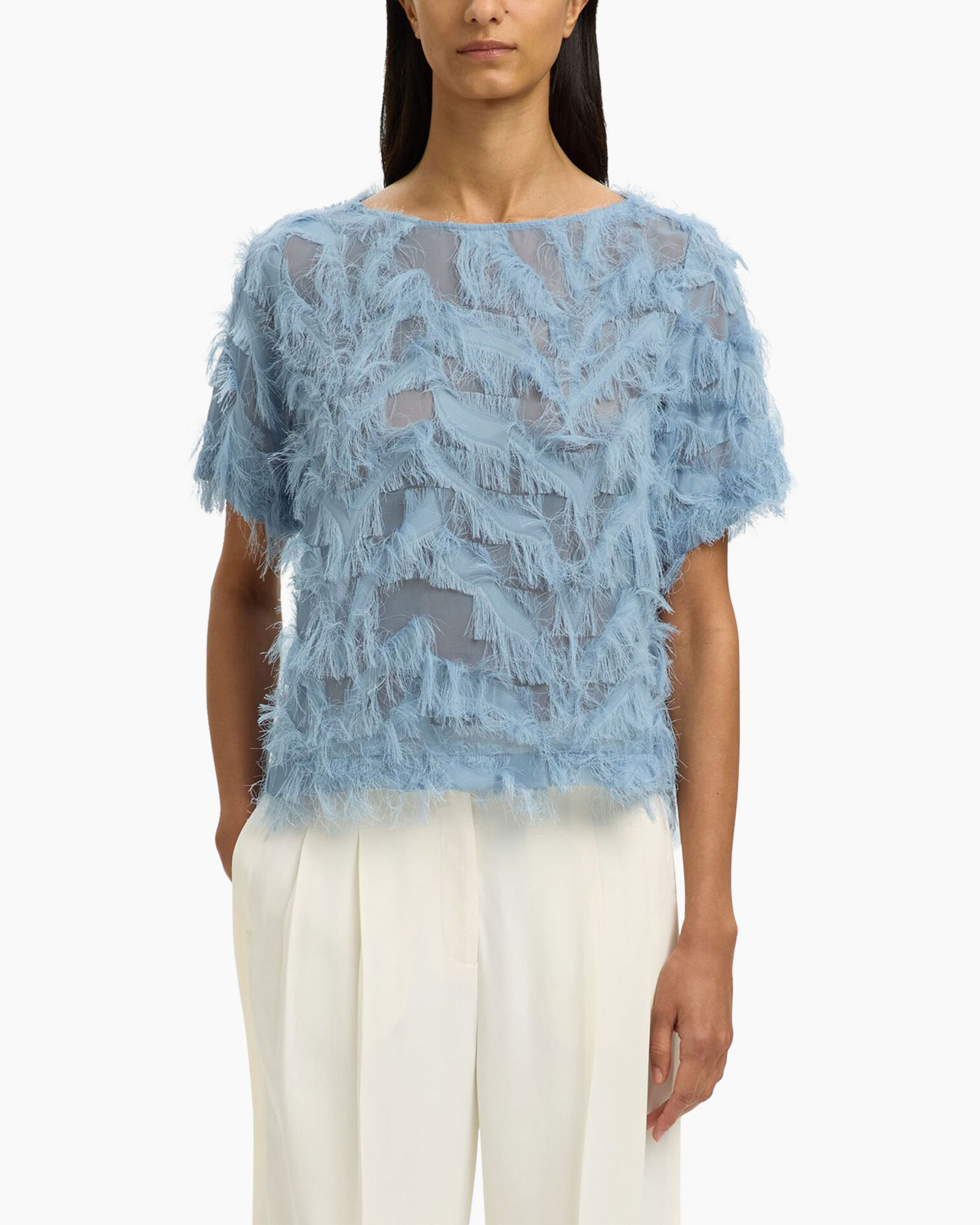 top, blouse, feathered, sheer, blue