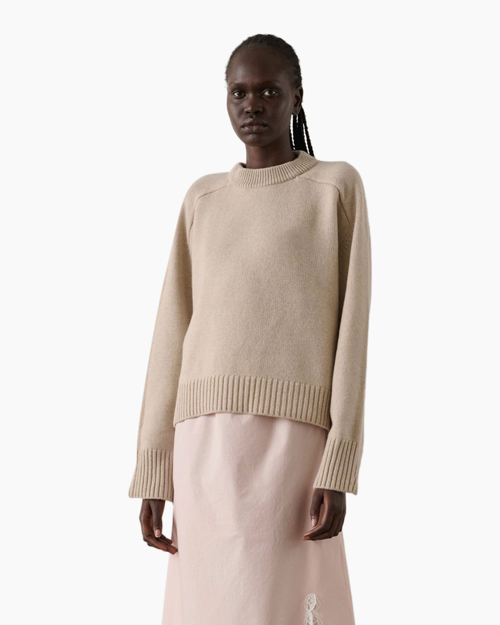 sweater, beige, crew neck, knit, long sleeve