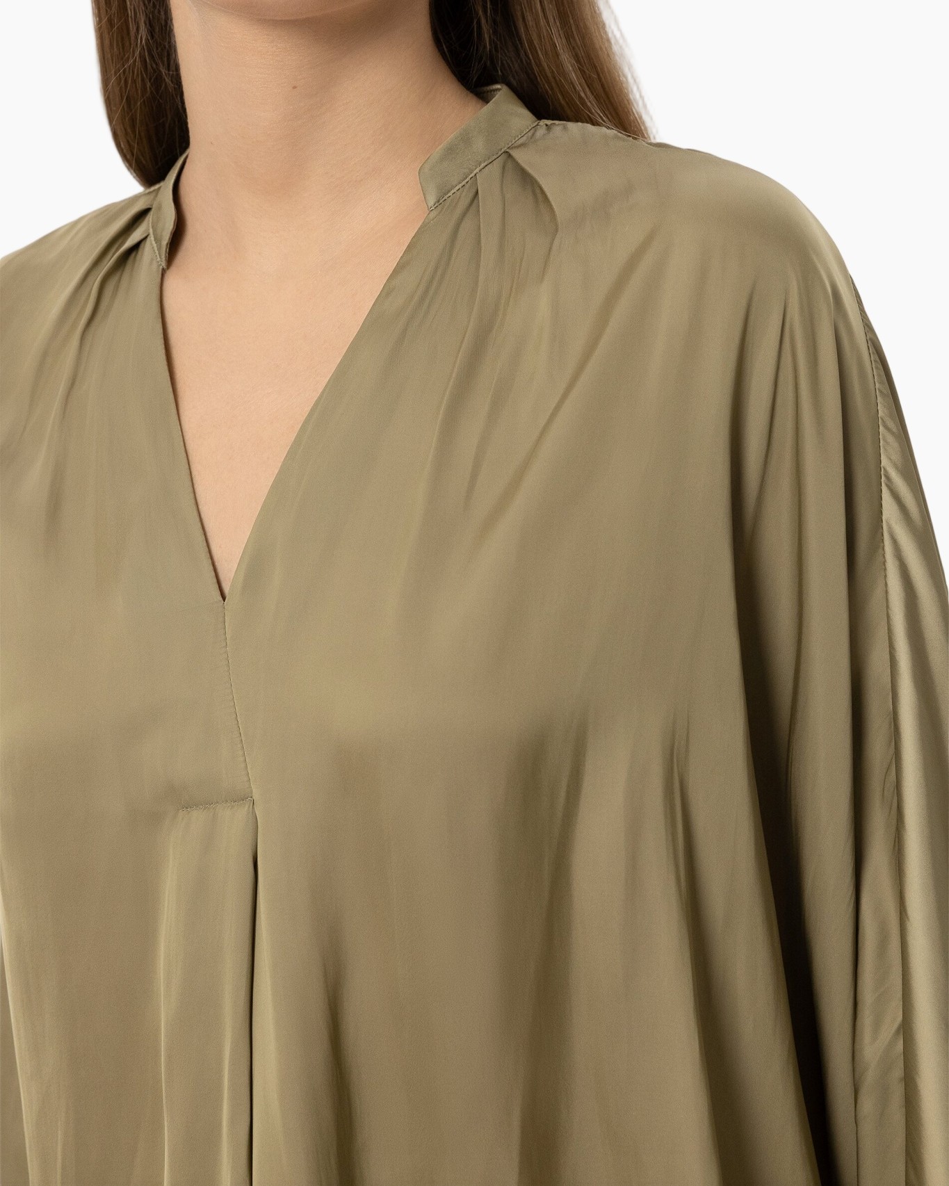 blouse, olive, v-neck, pleats, long-sleeve, olive shirt, blouse, v-neck, pleated sleeves, silky fabric