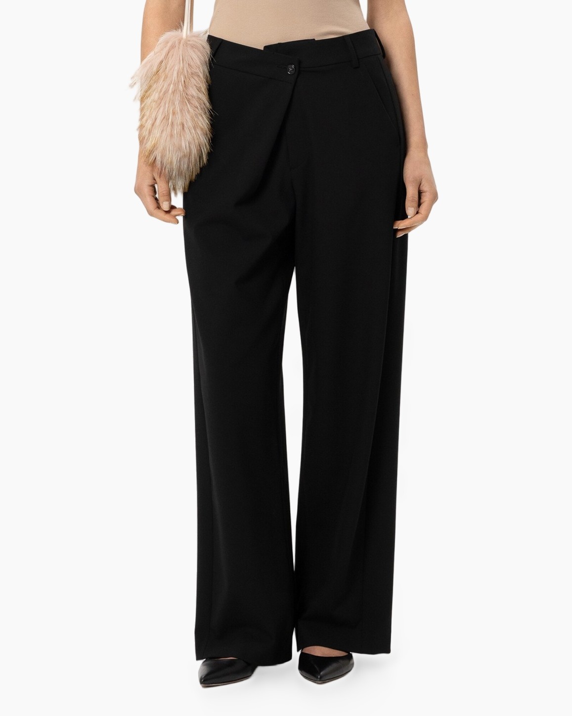 black pants, wide leg, trousers, tailored, flat front
