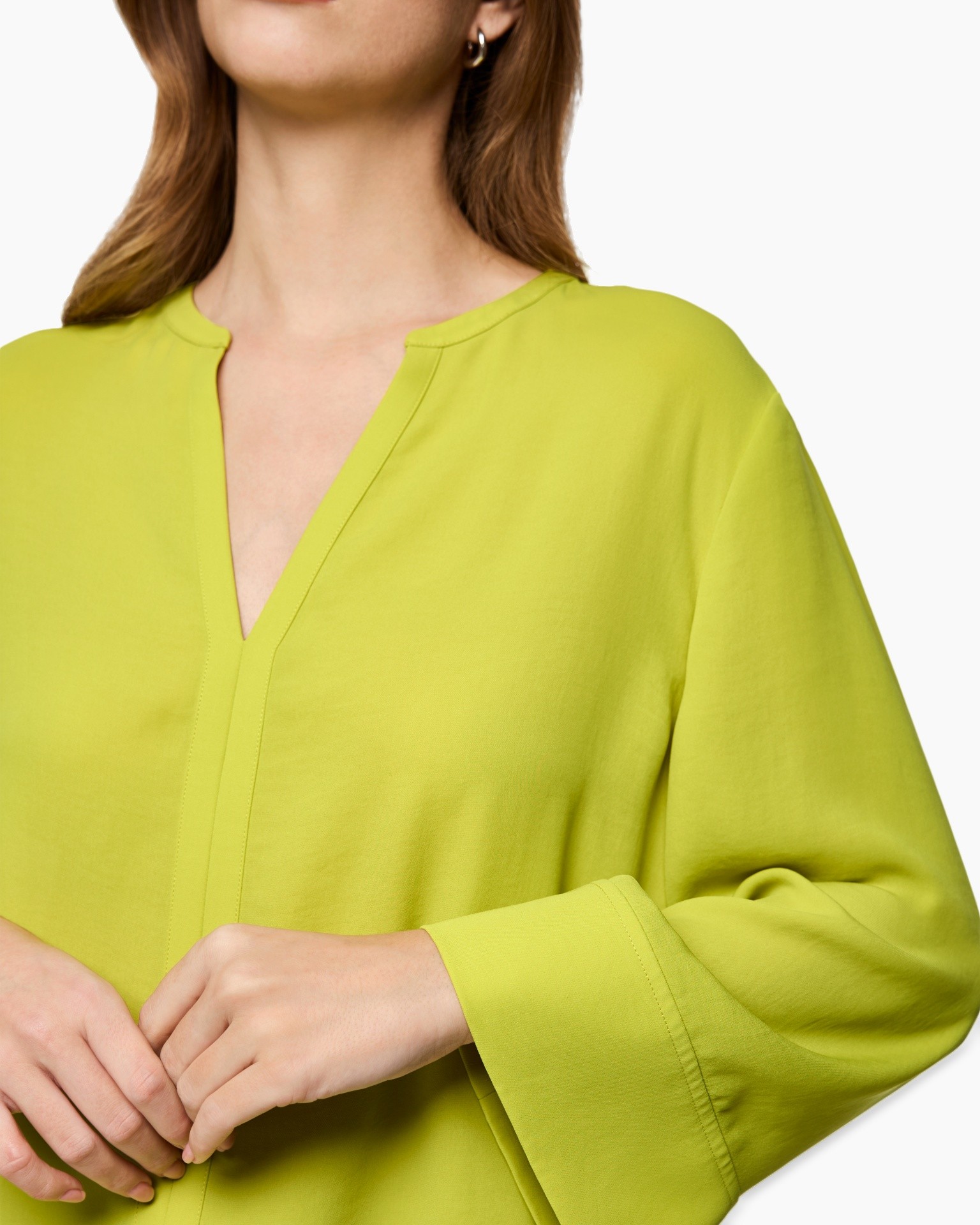 blouse, long sleeve, V-neck, lime green, solid color