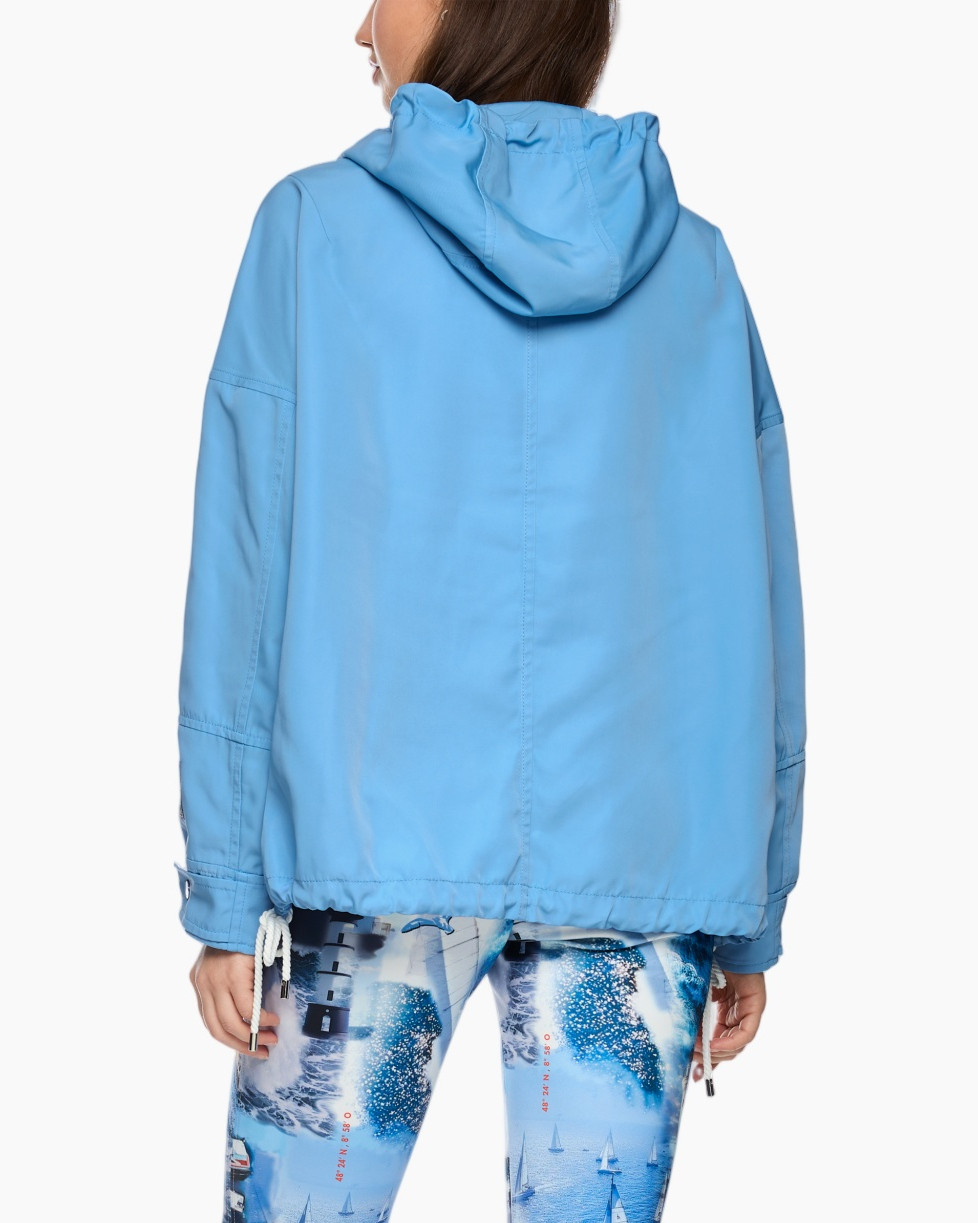 light blue jacket, hooded parka, drawstring hood, front pockets, bang-up weatherproof