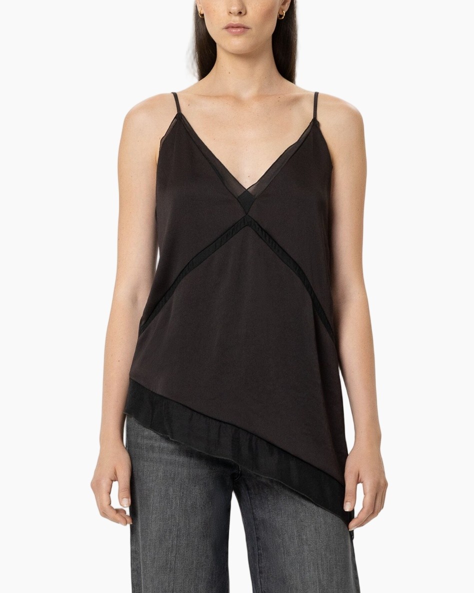 slip dress, black top, spaghetti straps, asymmetric hem, sheer overlay