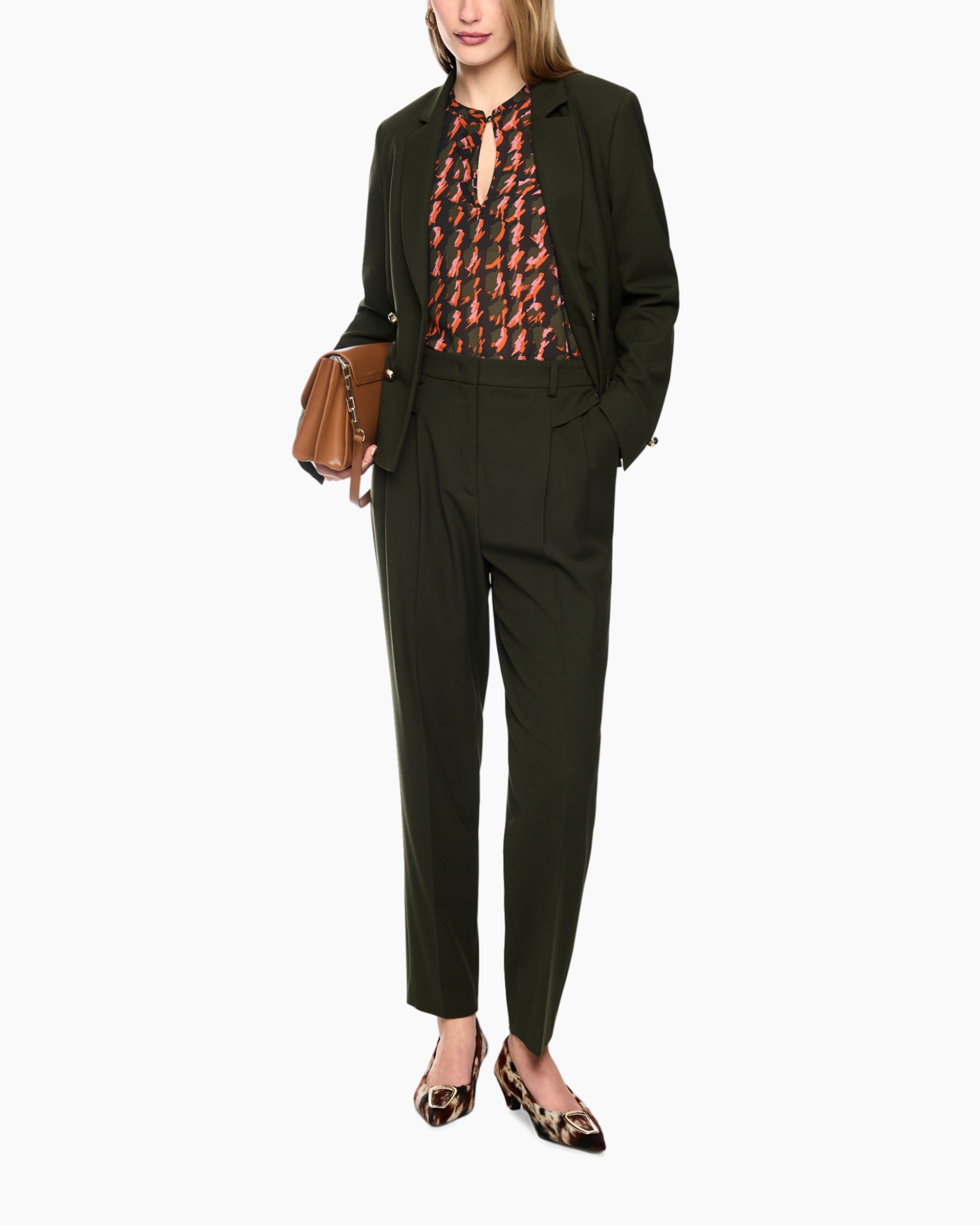 pants, blazer, jacket, blouse, purse, loafers