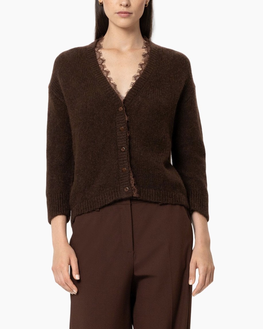 cardigan, knit, brown, v-neck, lace-trim