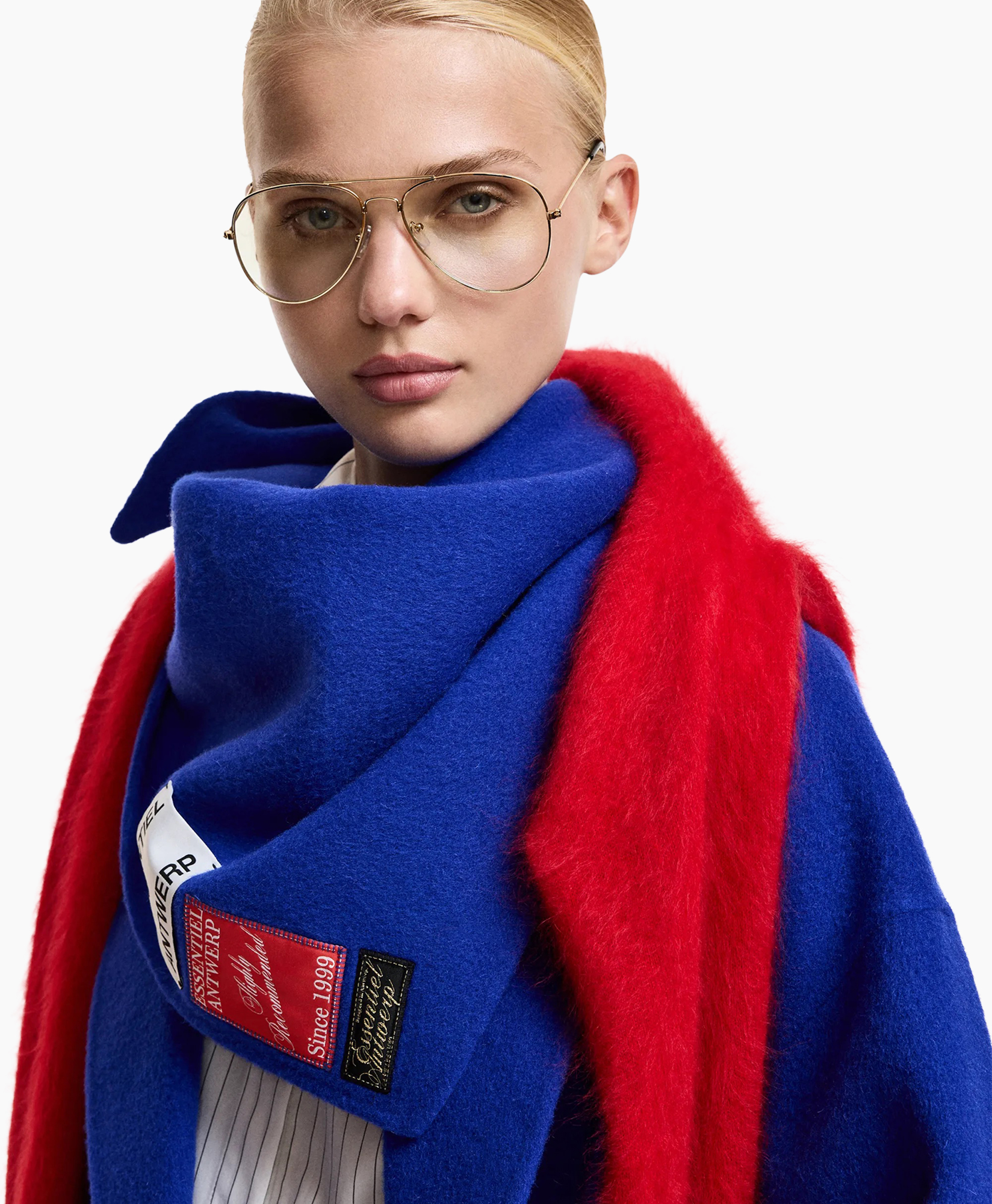 glasses, scarf, coat, blue, red