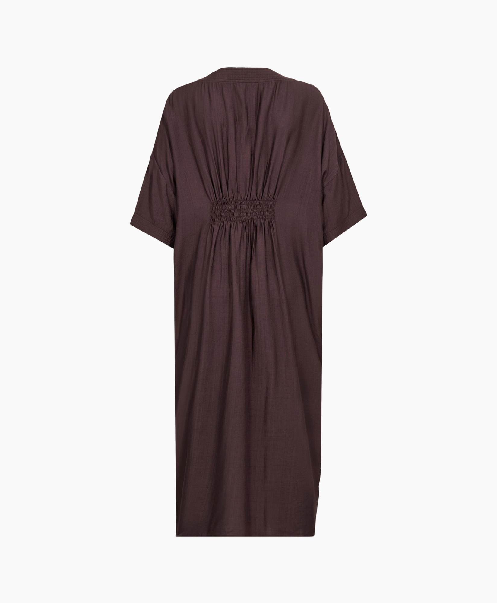 long dress, linen, brown, loose fit, sleeveless? wait: it has short sleeves