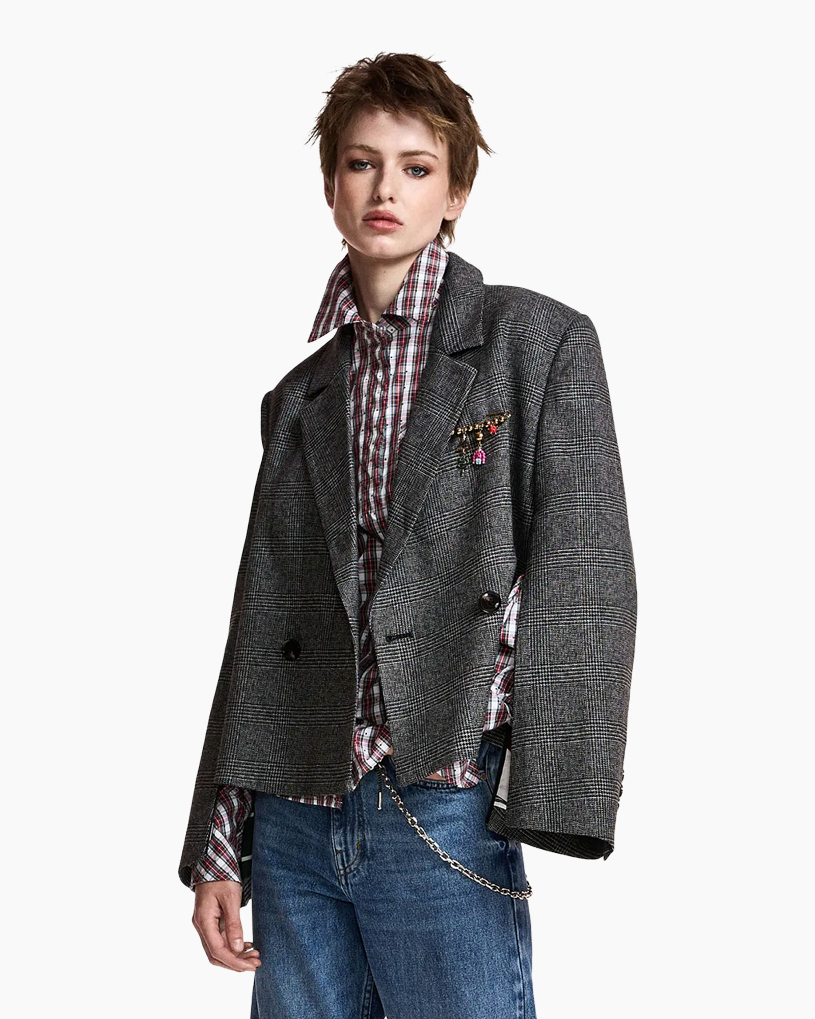 blazer, plaid, checkered, double-breasted, brooch